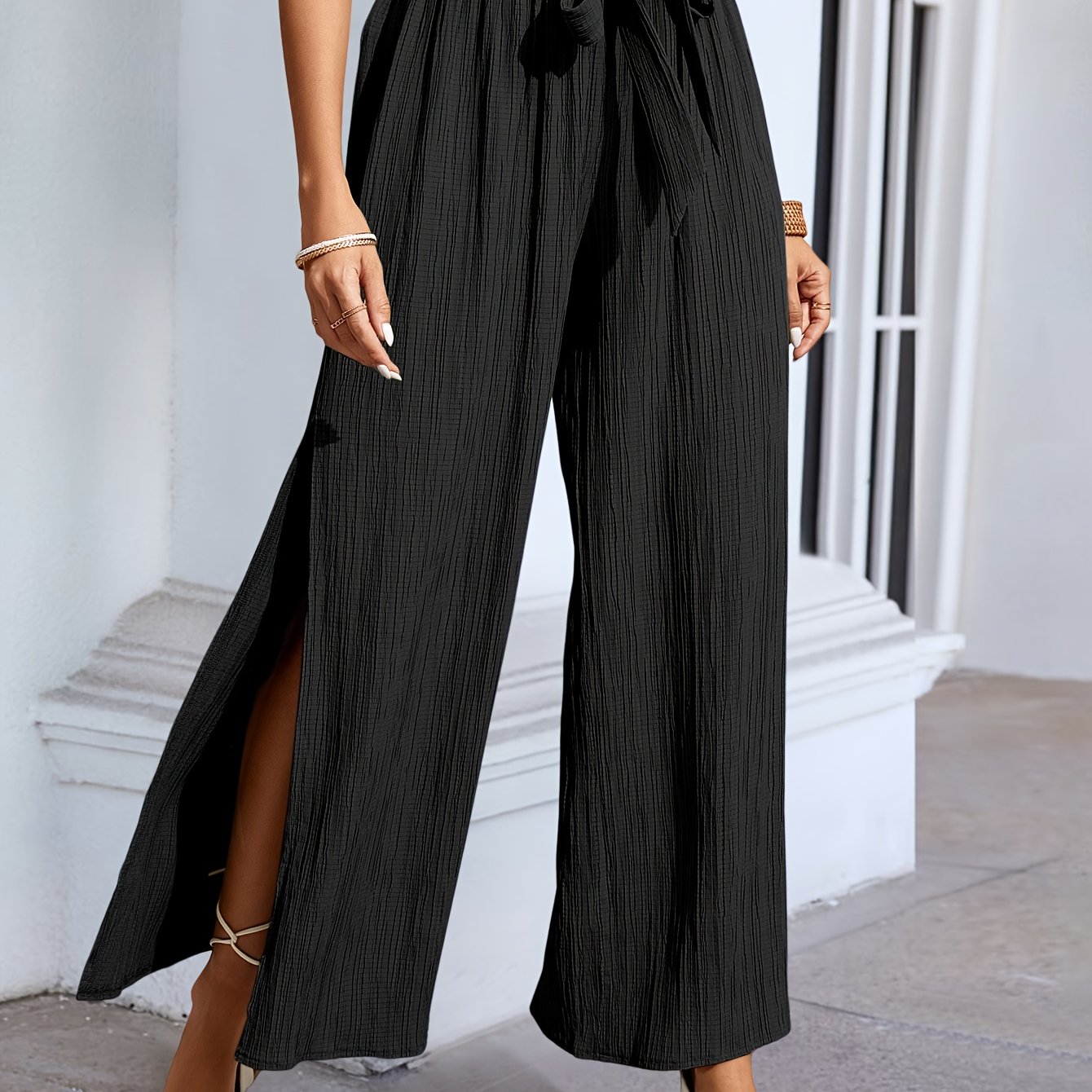 Solid Textured Split Wide Leg Pants Casual Tied High Waist - Temu  Philippines