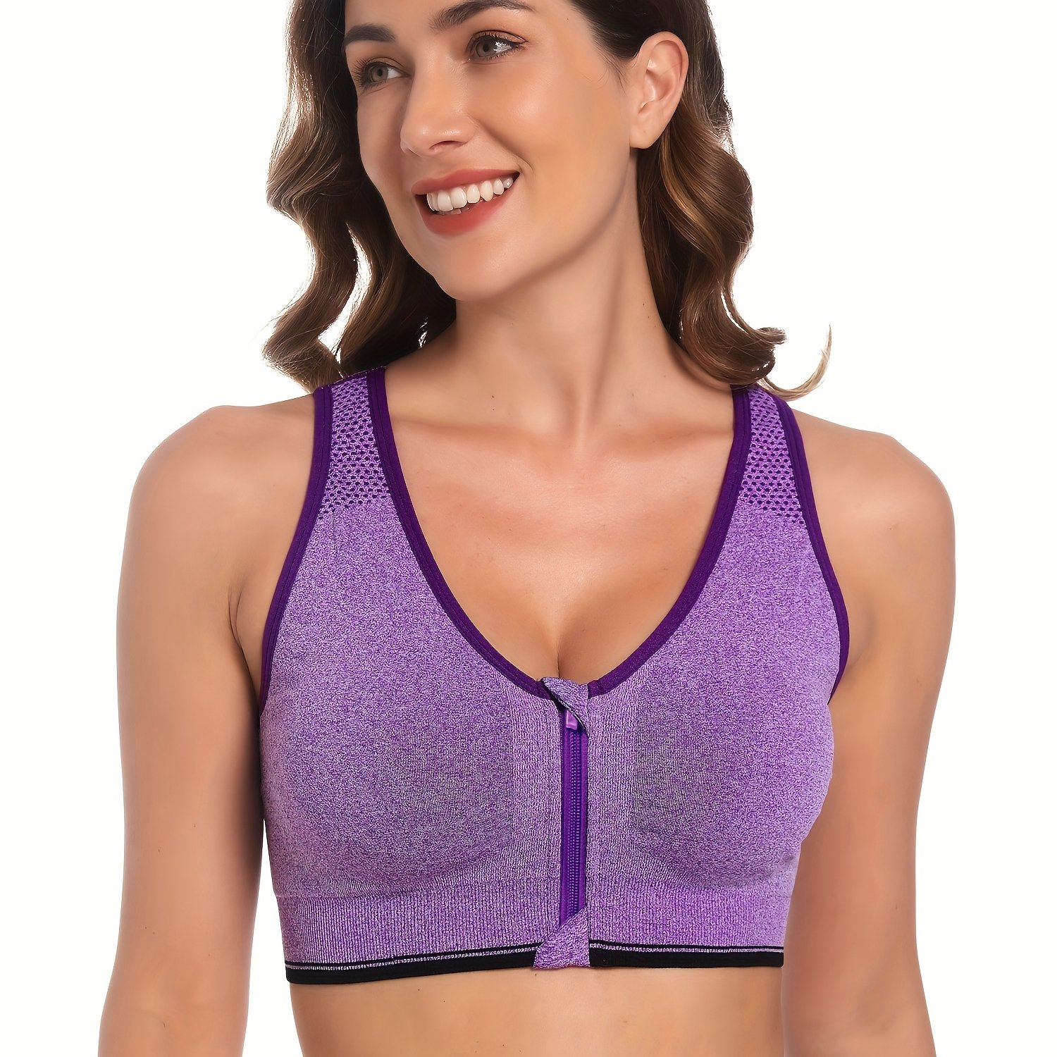 Women's Front Zip Yoga Bra Sleep Bras Plus Size Comfort Soft Push Up  Support Lingerie Wirefree Sports Bra Workout Purple