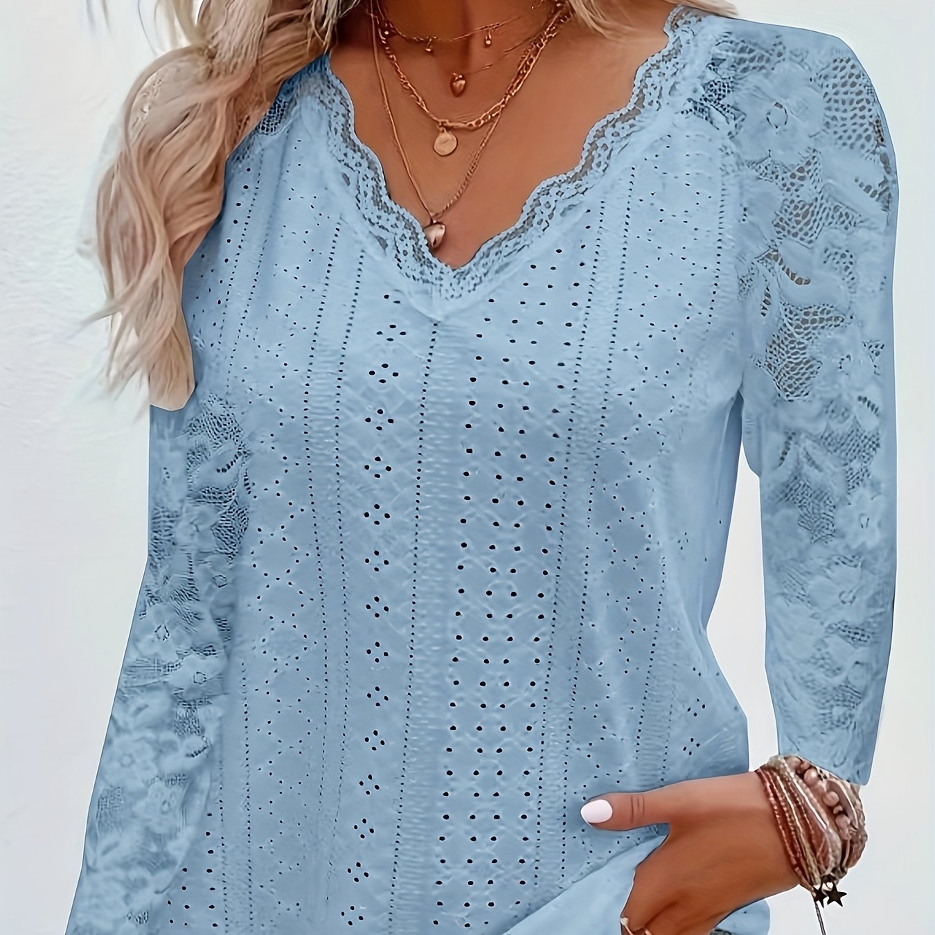 Contrast Lace V neck Eyelet T shirt Elegant Long Sleeve T - Temu