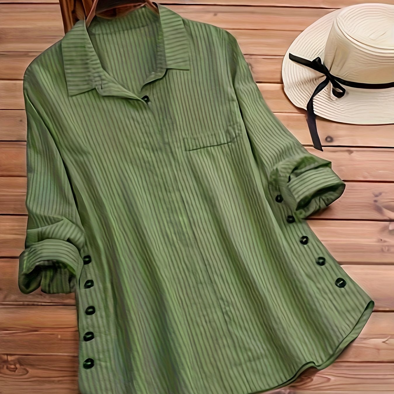 TEMU Blusa Con Botón Lateral Sólido, Blusa Con Cuello Boho Y Mangas Enrollables, Ropa De Mujer