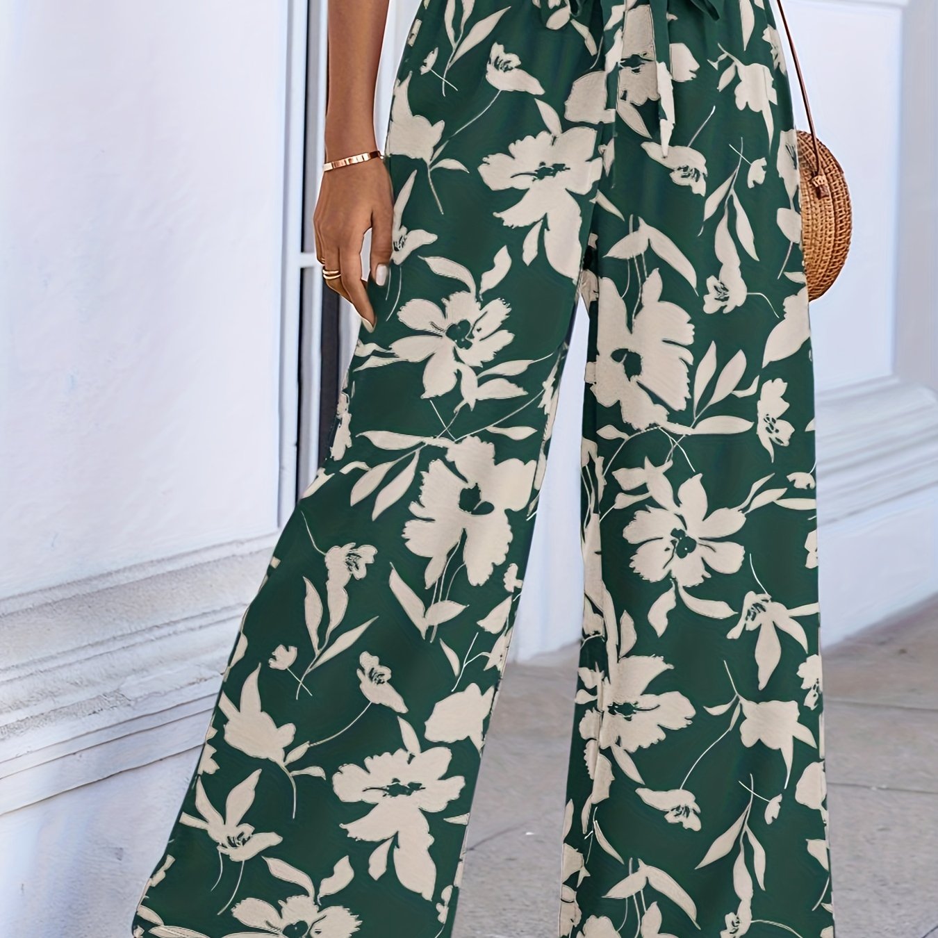 Floral Print Wide Leg Pants Casual Loose Tie Waist Pants - Temu