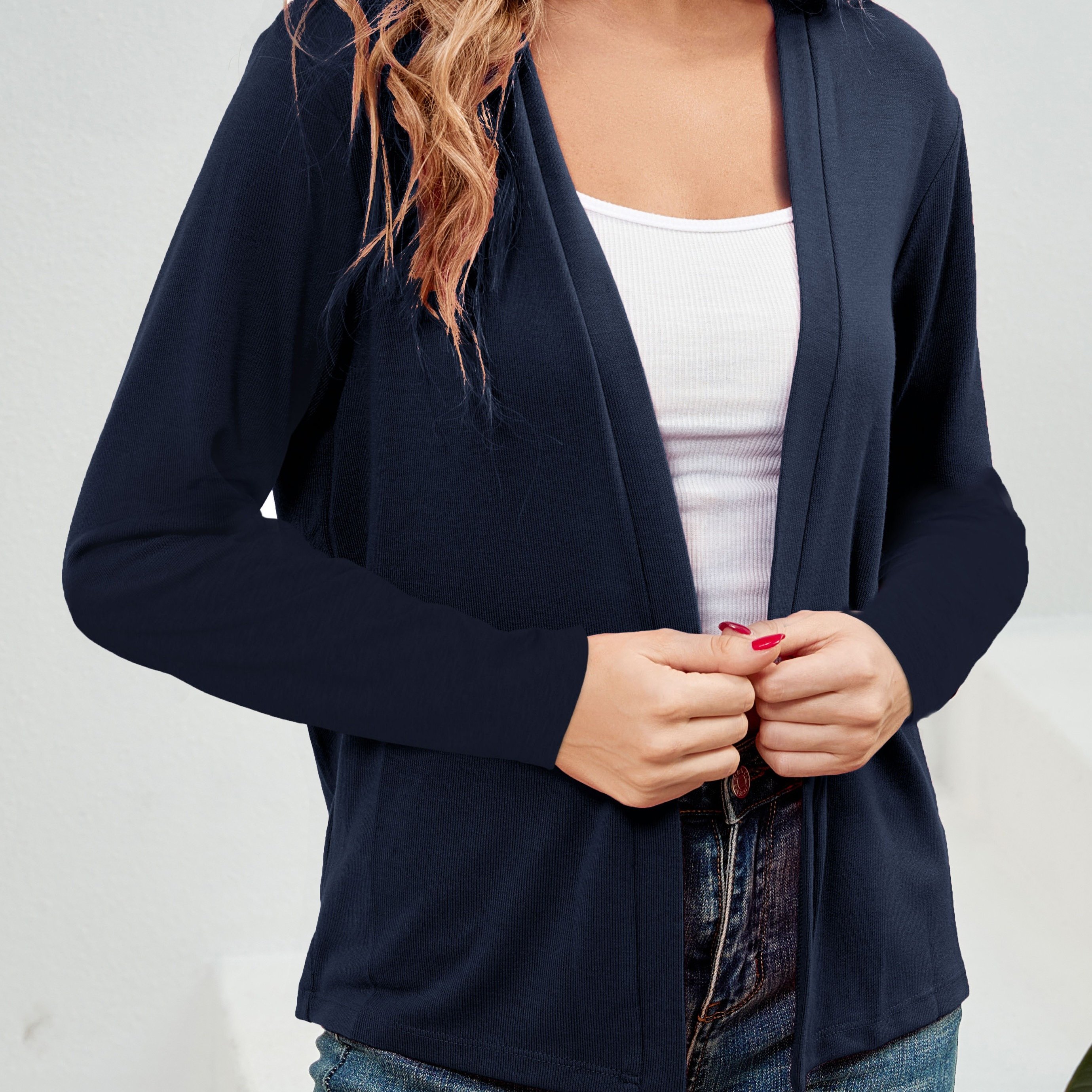 Solid Open Front Knit Cardigan Elegant Long Sleeve Dipped - Temu