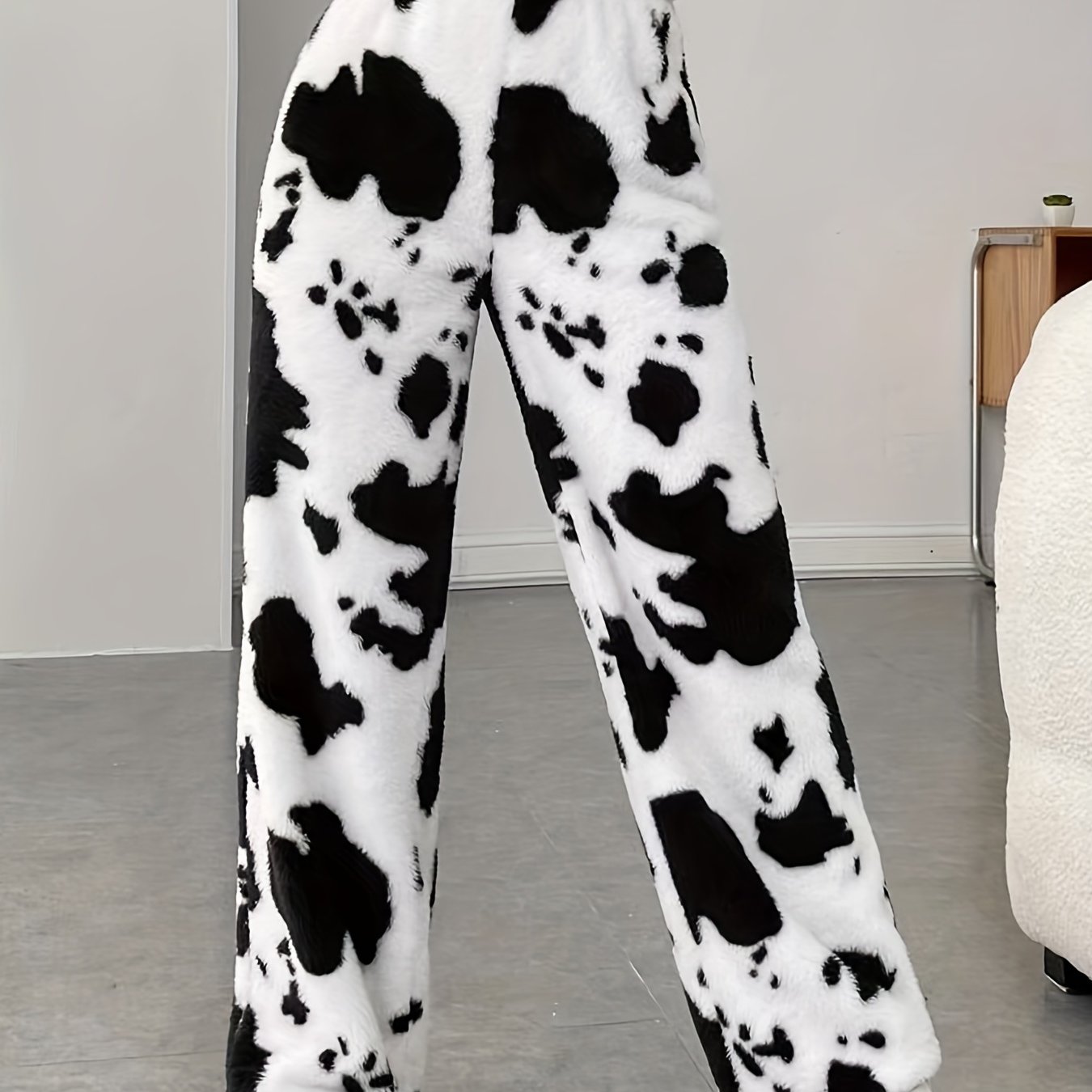 Cow Print Fuzzy High Waist Pants Casual Loose Pants Fall - Temu Canada
