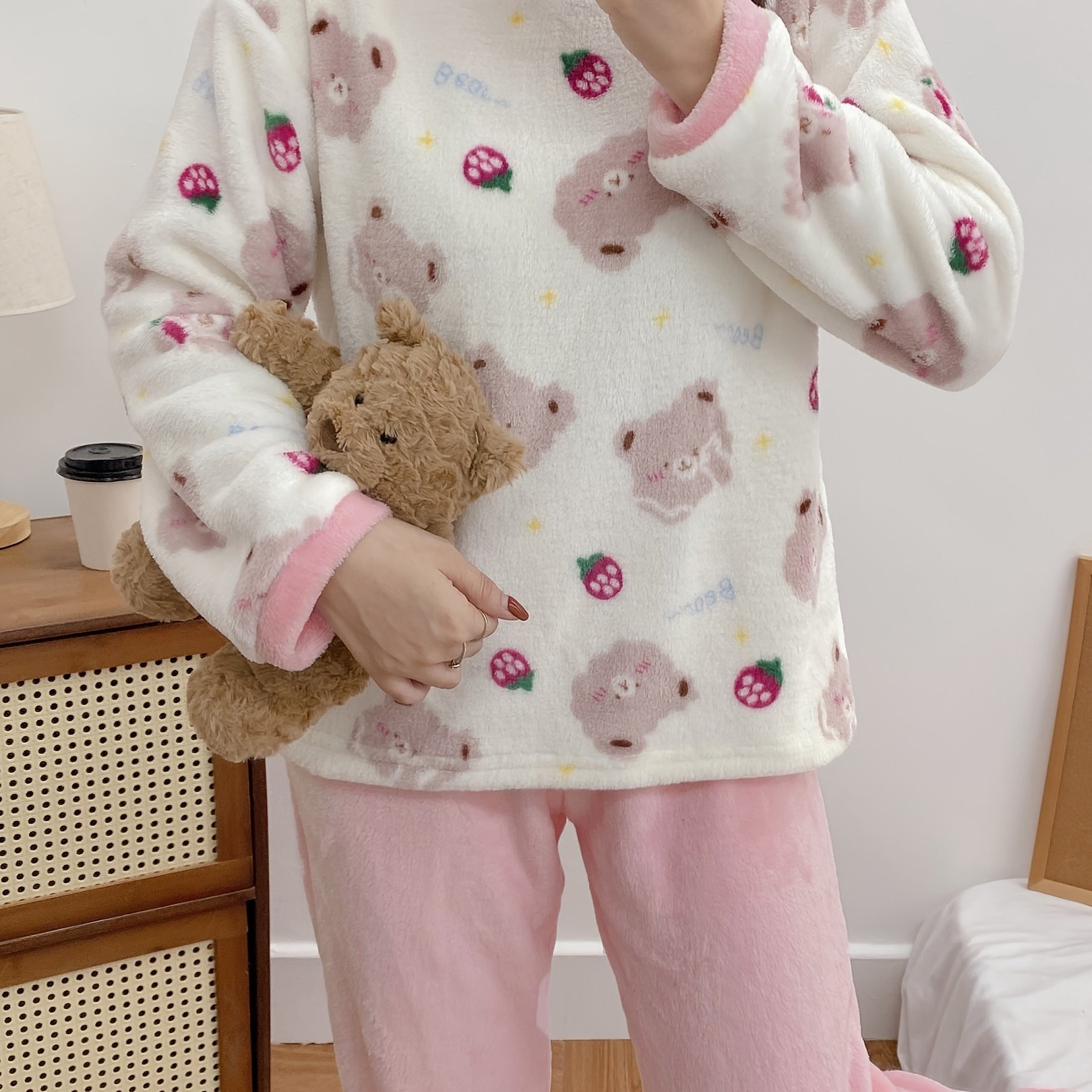 TEMU Cute Round Neck Bear Pajama Set, Ins Pink Cartoon Bear Set, Strawberry Bear Pajama Set