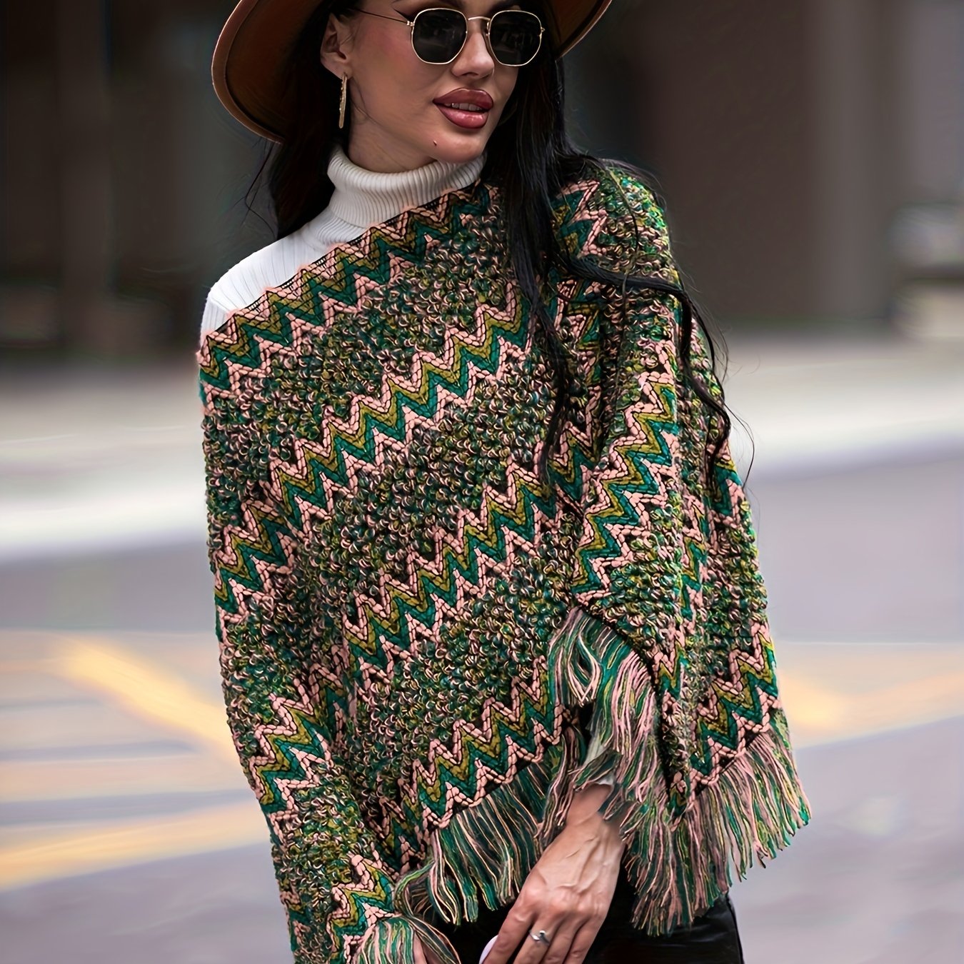 Poncho Tipo Jersey Estilo Mujer Capa Borlas Rayas Coloridas - Temu