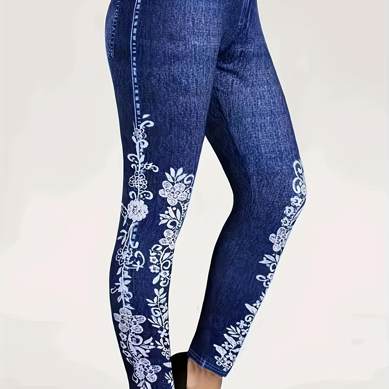 Floral Print High Waist Jeggings Casual Slim Long Length - Temu