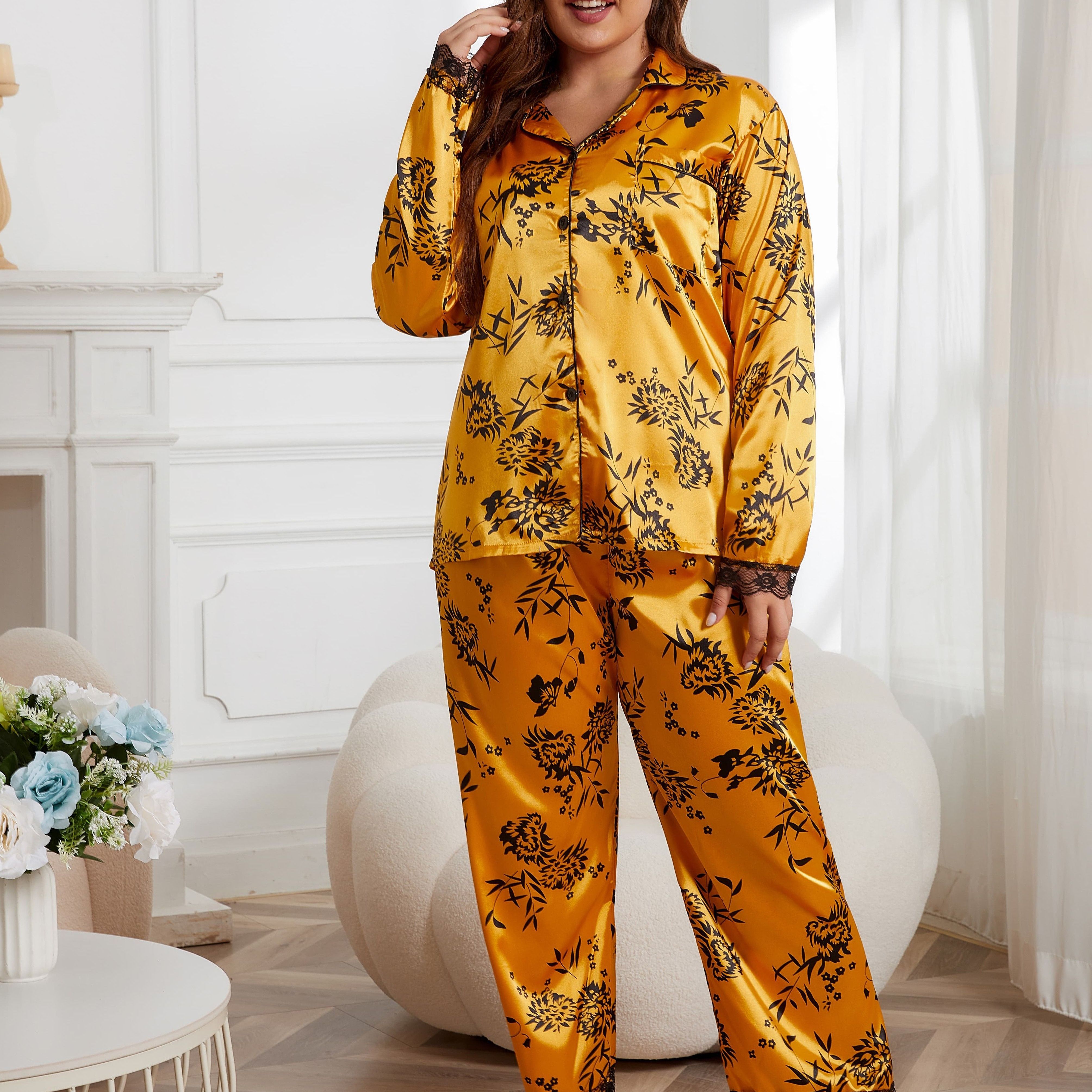 Plus Size Elegant Pajama Set Women's Plus Silk Satin Floral - Temu