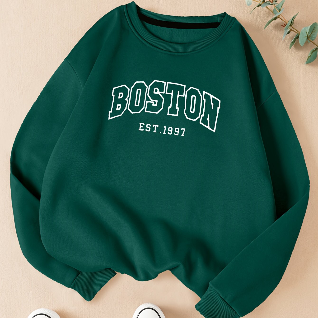 Boston Letter Print Solid Pullover, Crew Neck Long Sleeve Casual