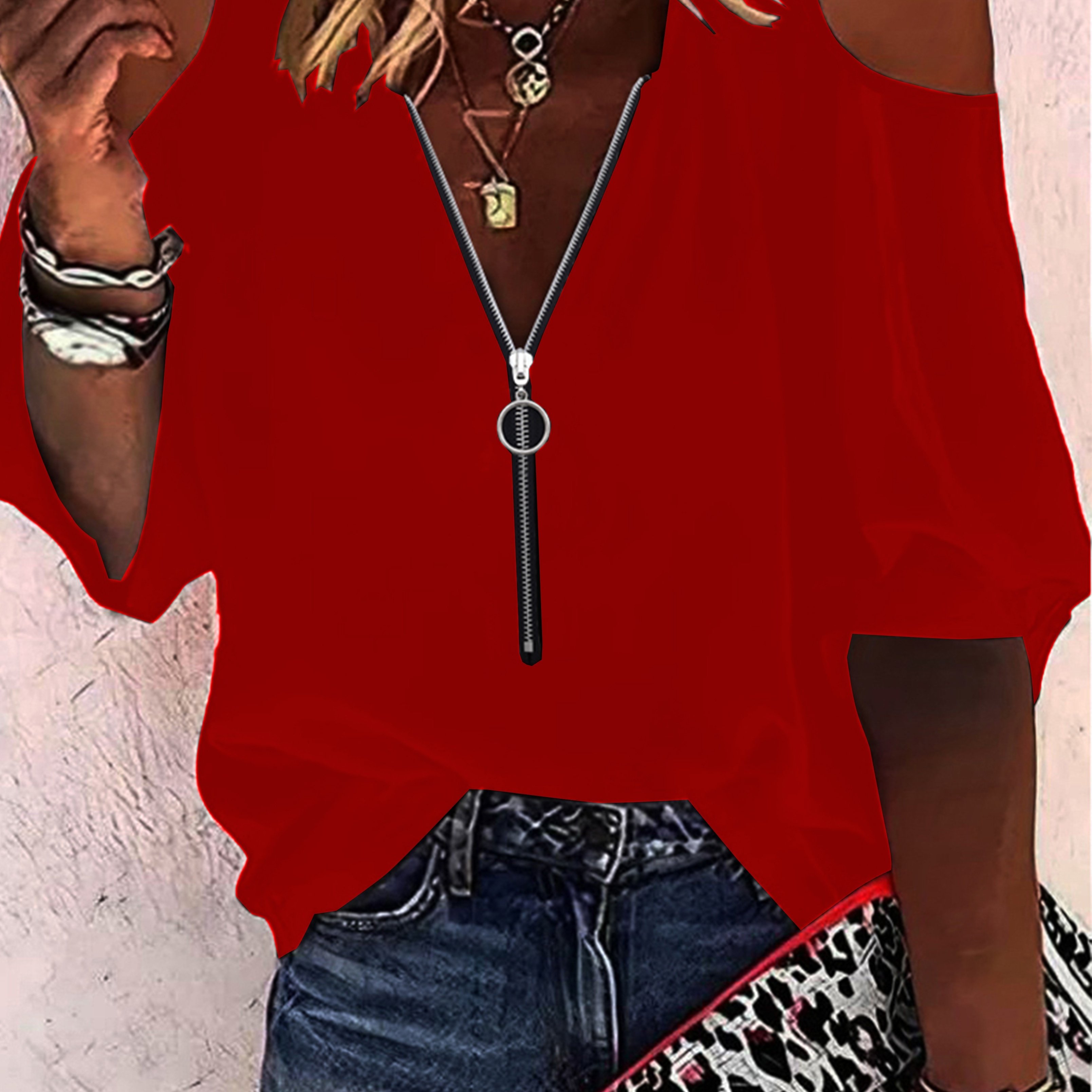 Image of Half Zip Cold Shoulder T-shirt, Casual Bracelet Sleeve T-shirt For Spring & Fall, Women's Clothing