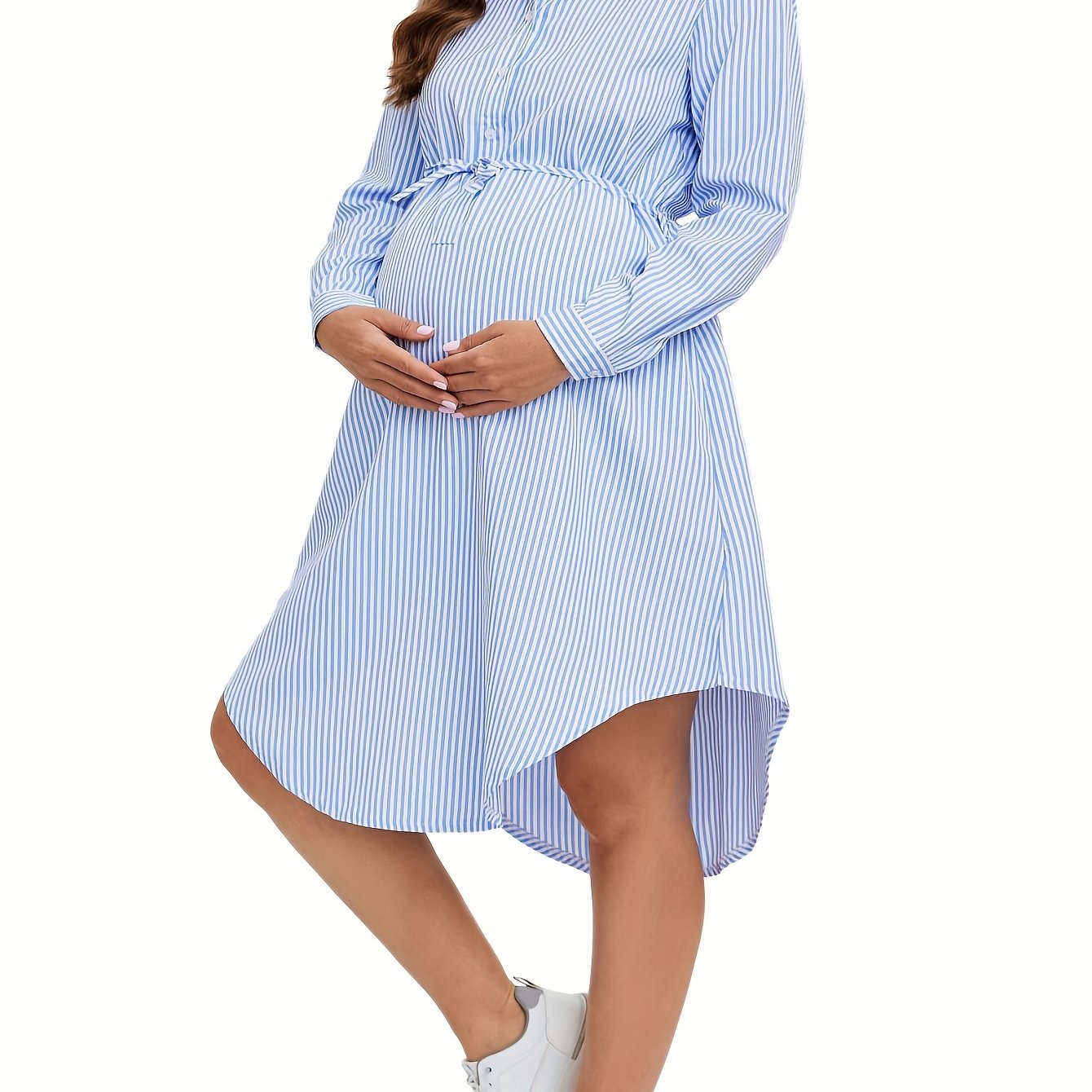 TEMU Elegant Striped Maternity Dress With Belt - Long Sleeve, Knee-length Shirt Style For Women, Machine Washable, Loose, Collar