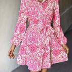 ethnic floral print dress casual button front long sleeve dress womens clothing