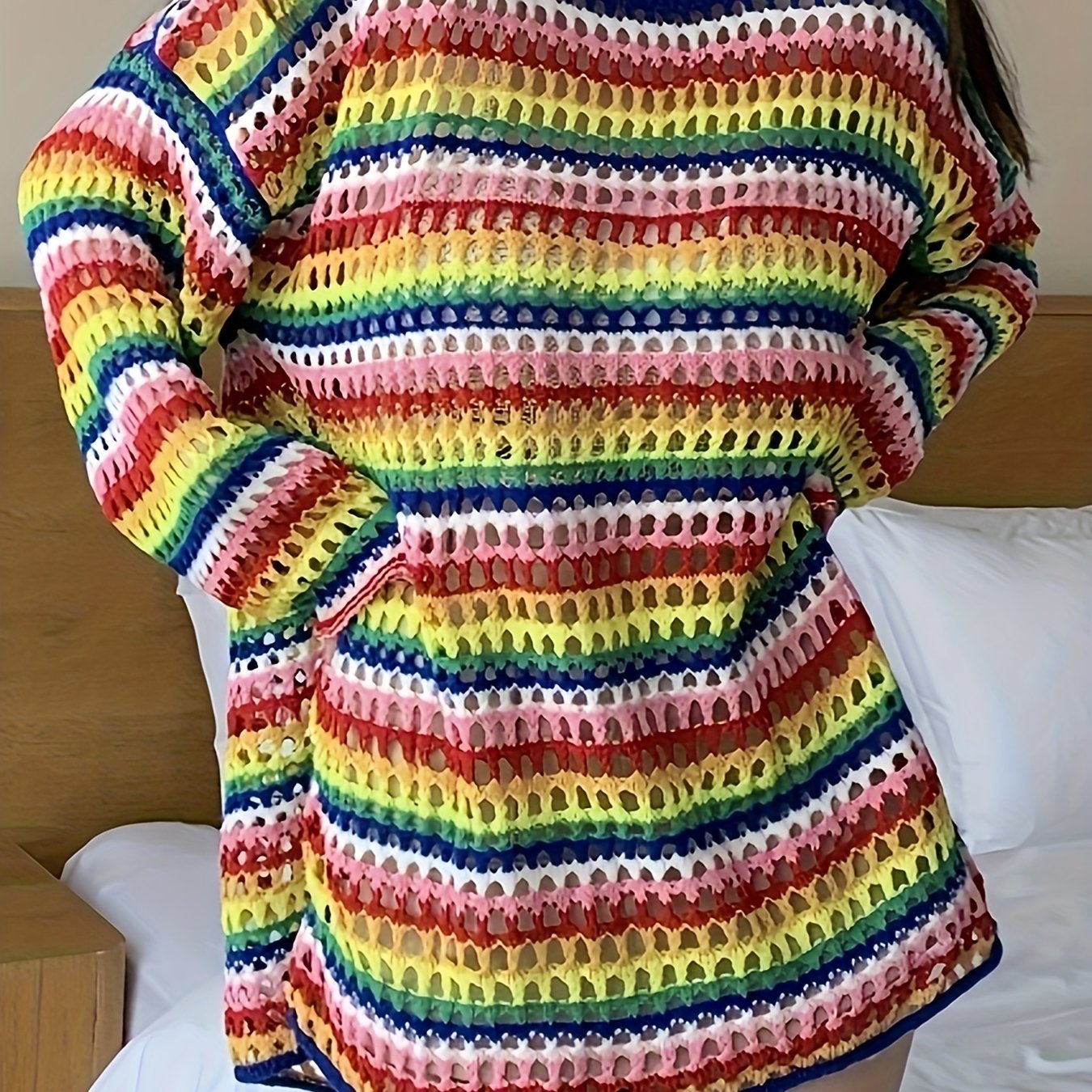 Rainbow Striped Hollow Crochet Sweater, Casual Long Sleeve Oversized  Fashion Sweater, Women's Clothing