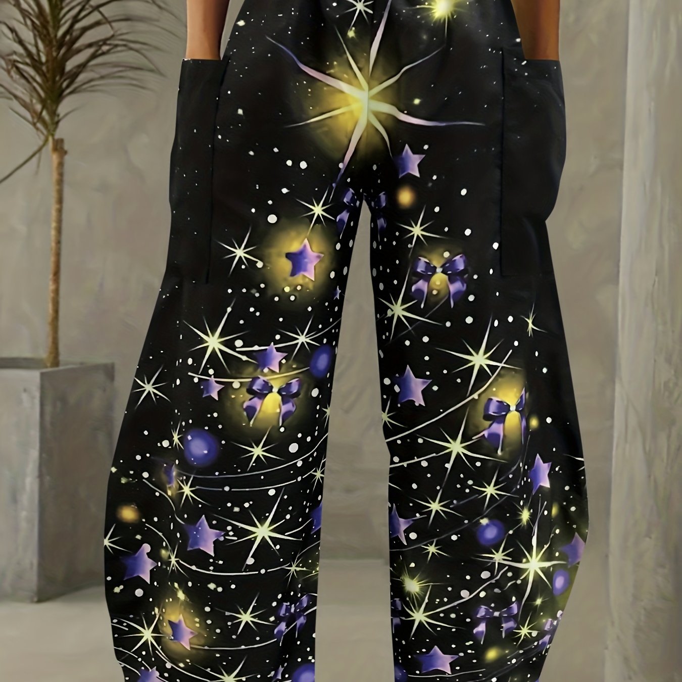 Starry Sky Print Patched Pocket Pants, Casual Wide Leg Pants For Spring &  Summer, Women's Clothing