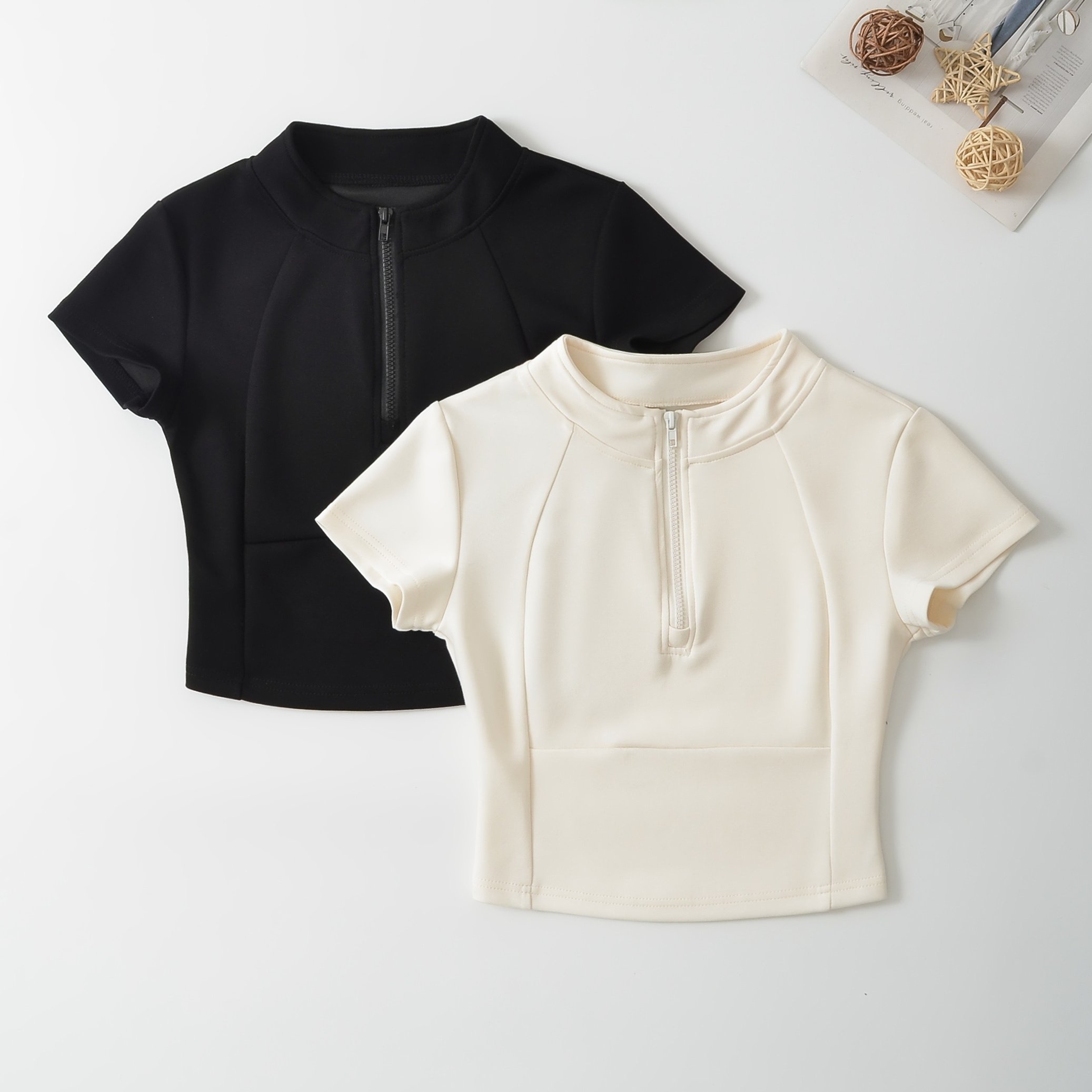 2pcs Set Solid Color Stand Collar Front Mid Zipper Slim Fit T-shirt Top