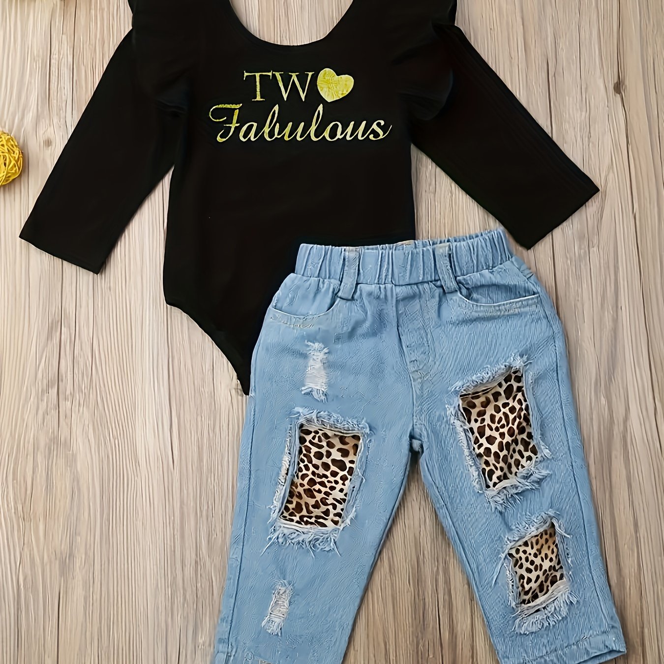 Image of Children's Infant Set, Girls' Long-sleeved Letter Bodysuit Plus Leopard Print Ripped Jeans Set, Smaller, For Outdoor