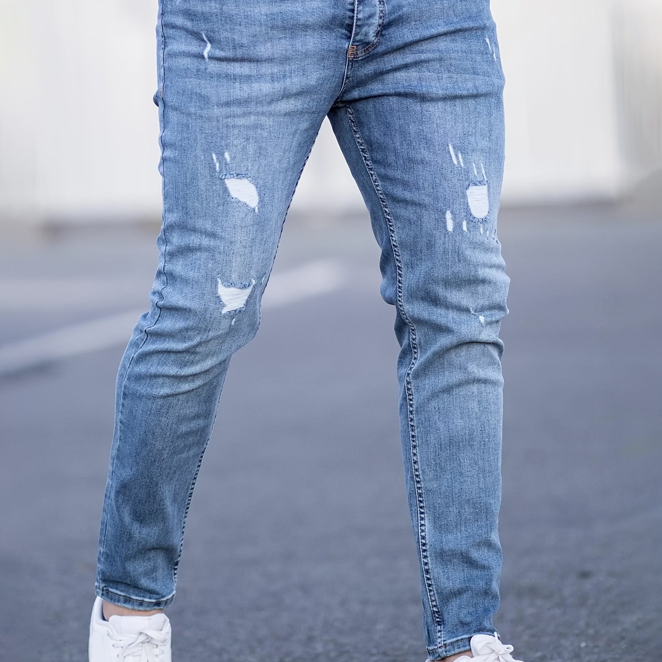 Slim Fit Ripped Tapered Jeans Men's Casual Street Style - Temu