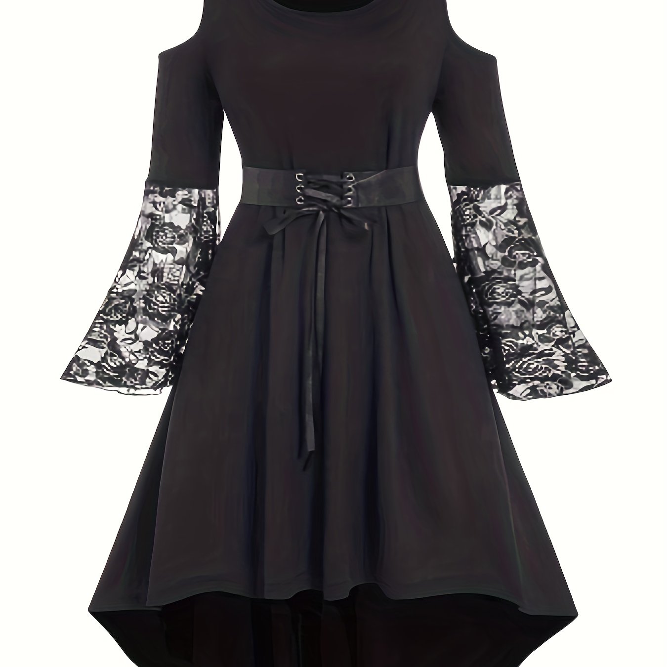 Plus Size Gothic Dress, Women's Plus Floral Lace Cold Shoulder Bell Sleeve  Lace Up Party Retro Dress