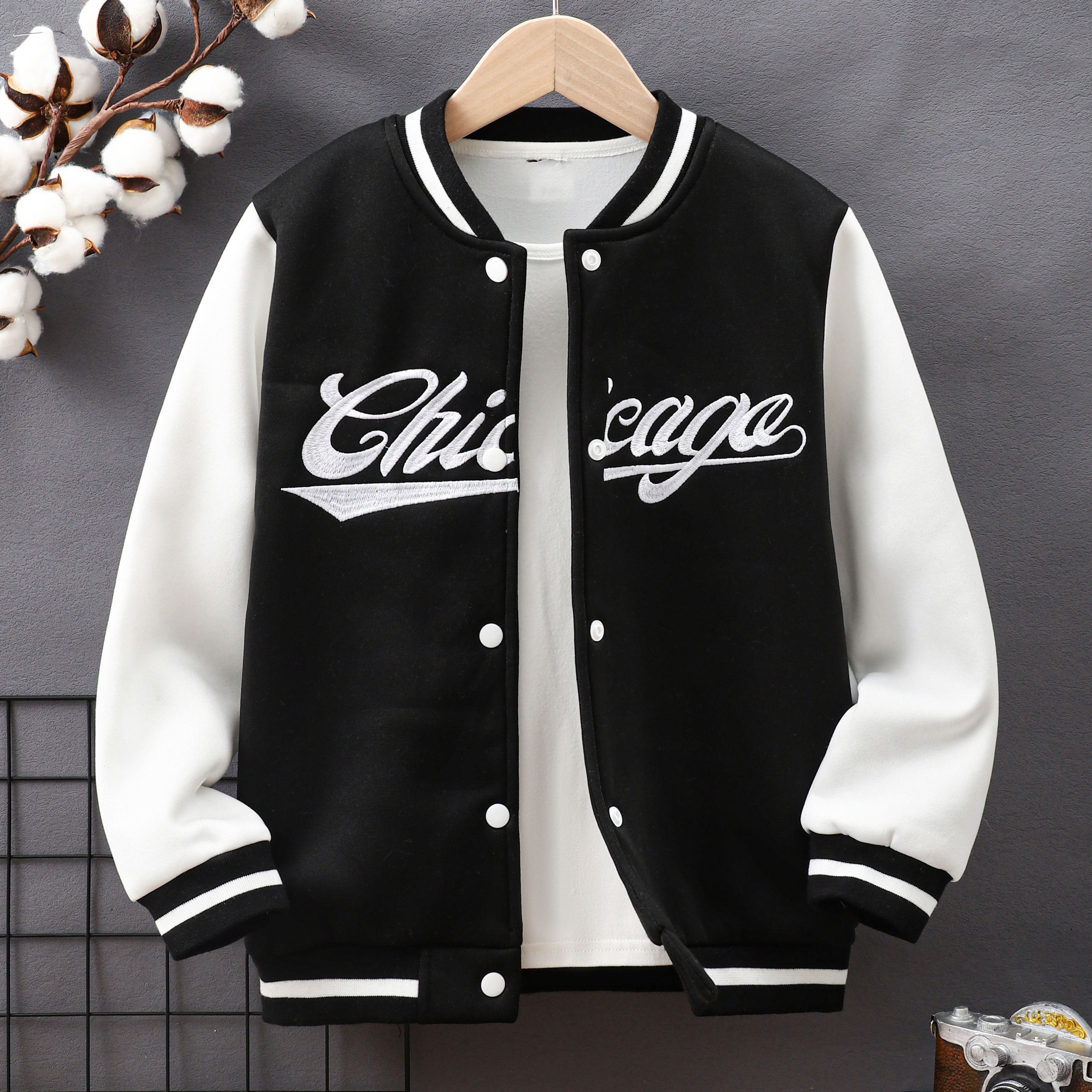 100% Mama's Mini Print Varsity Jacket For Kids, Preppy Style Bomber Jacket,  Button Front Long Sleeve Coat, Boy's Clothes For Spring Fall Outdoor - Temu