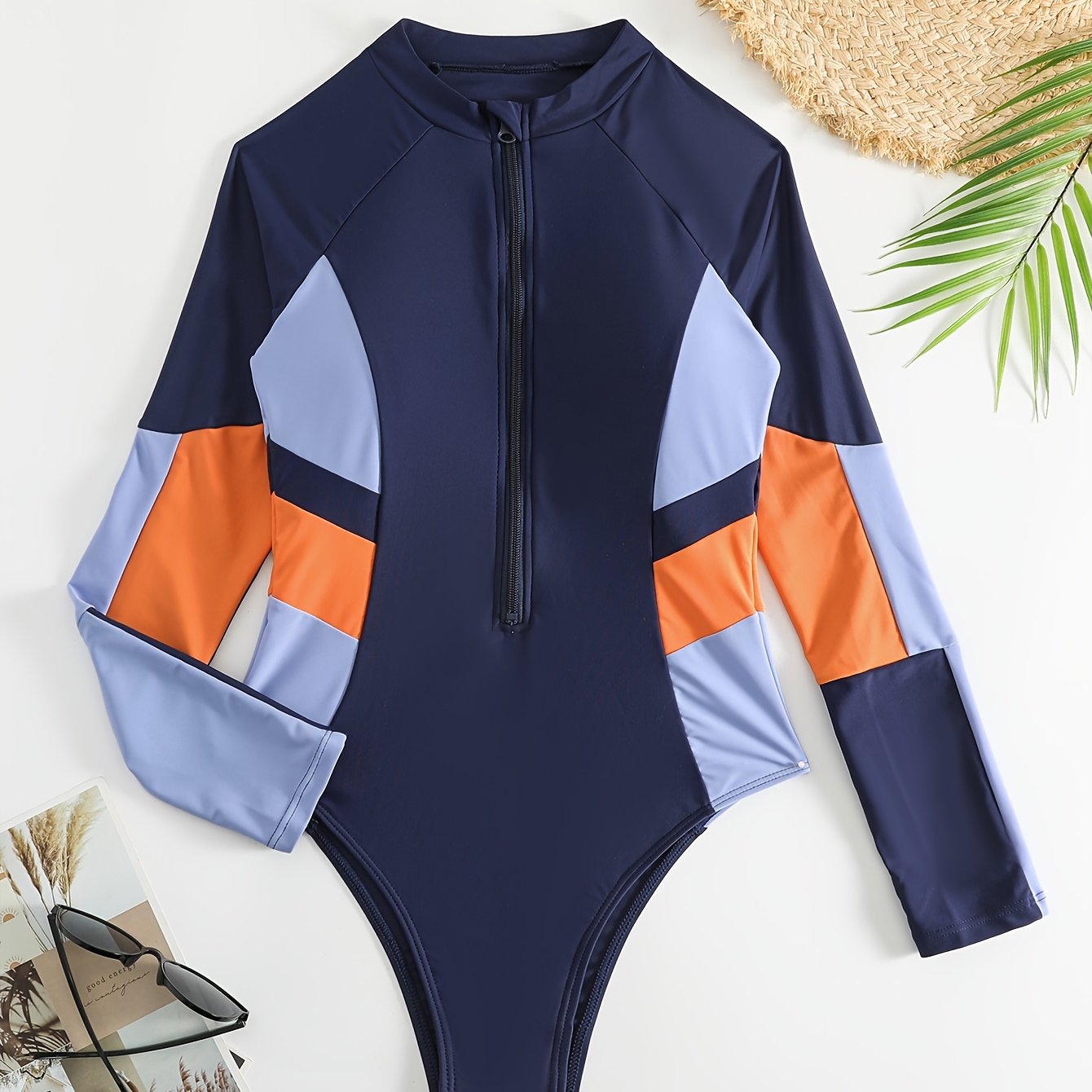 Color Block Zipper * Swimsuit, Shorts Sleeve Stretchy Boy Shorts Rush Guard  For Water Sports, Women's Swimwear & Clothing