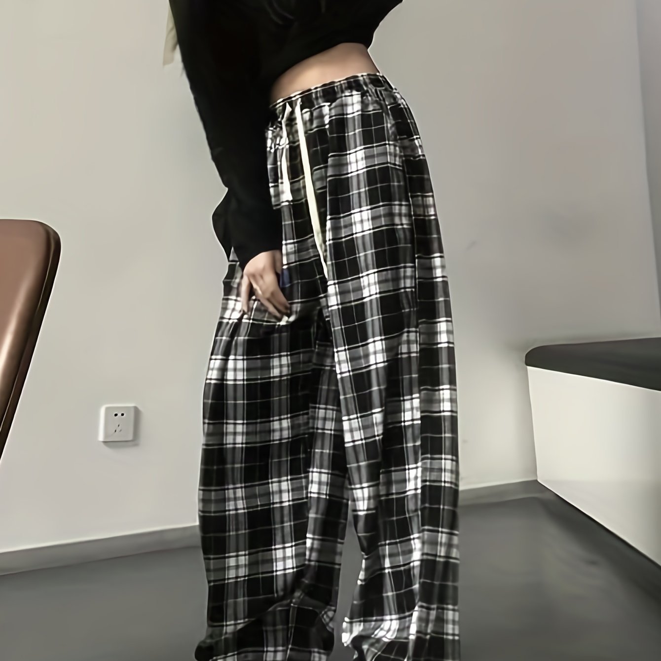 Plaid Drawstring Straight Leg Pants Casual Loose Pants - Temu