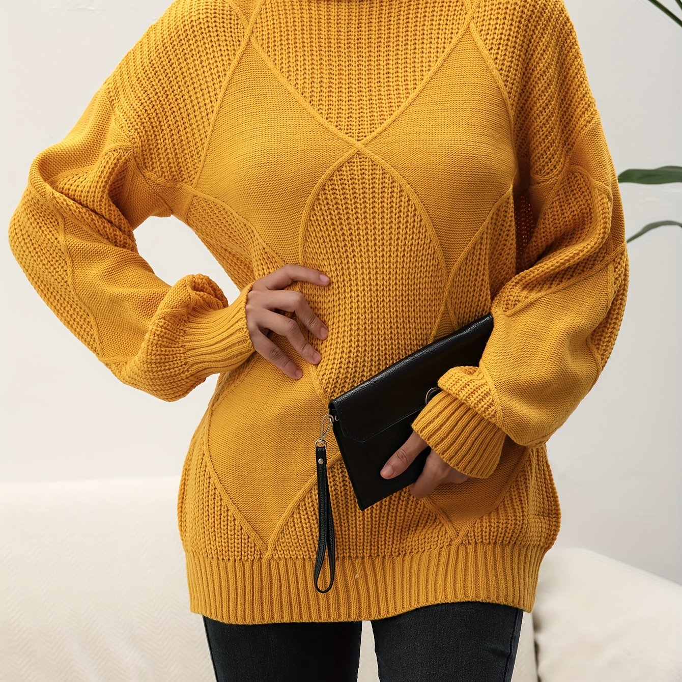 Women's Turtleneck Sweater, 3d Diamond Grid Loose Fit Fall Winter Long Sleeve European Top, New European Cross-border Sweater