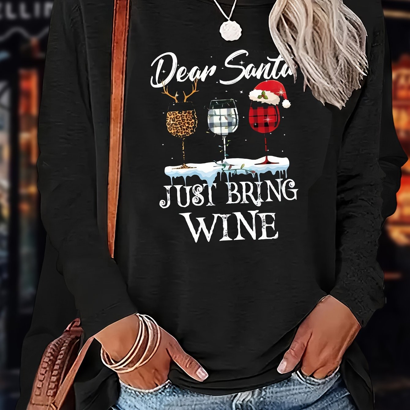 Christmas Red Wine Print Women's Casual Long Sleeve