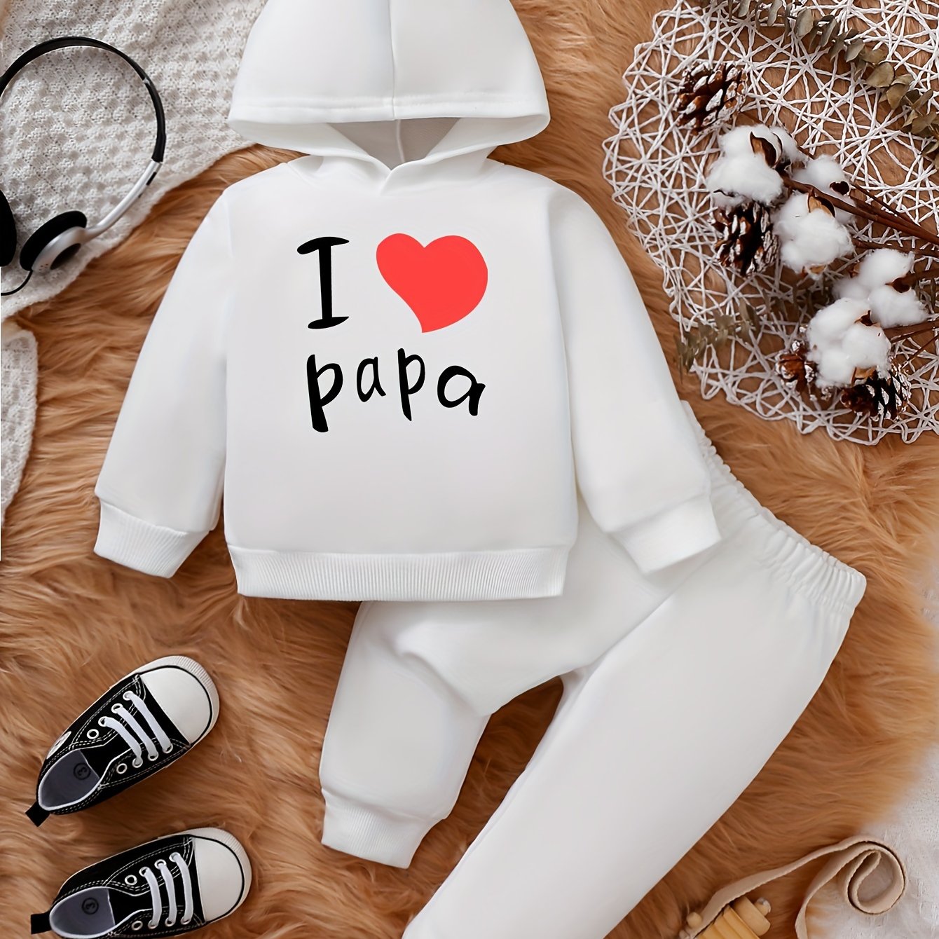 2 peças de bebês meninos e meninas I Love Papa com letras elegantes e  estampa de coração, moletom casual com capuz, moletom moderno de manga