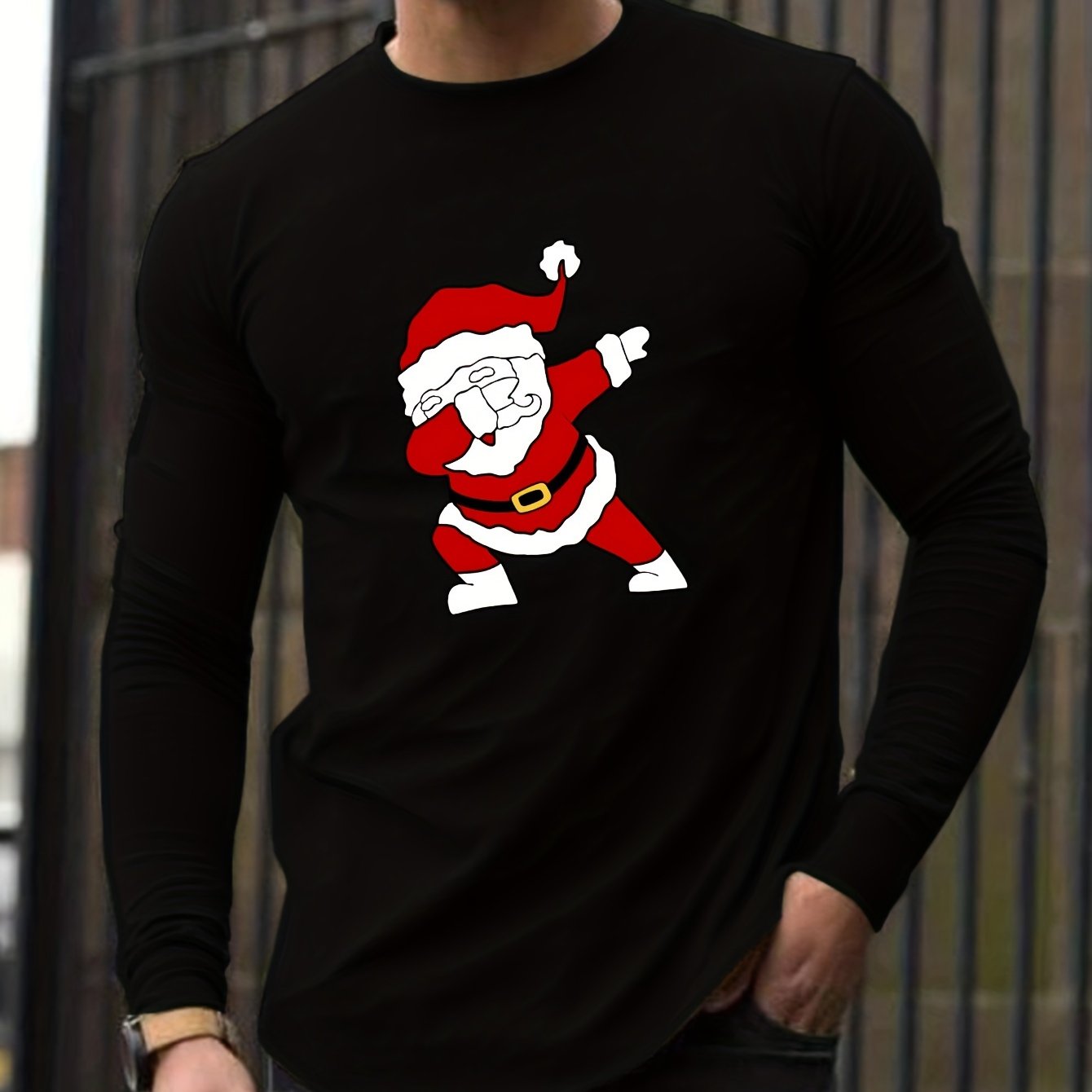 TEMU Funny Santa Pattern Men's Trendy Long Sleeve Crew Neck T-shirt,