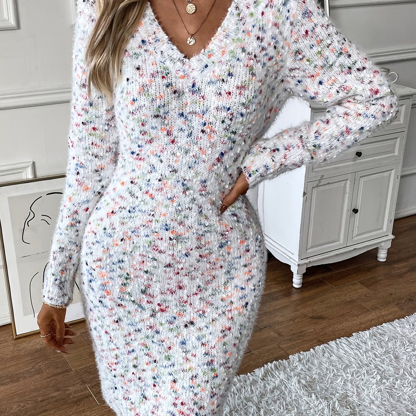 Image of Sweater Dress, Elegant V Neck Long Sleeve Dress, Women's Clothing