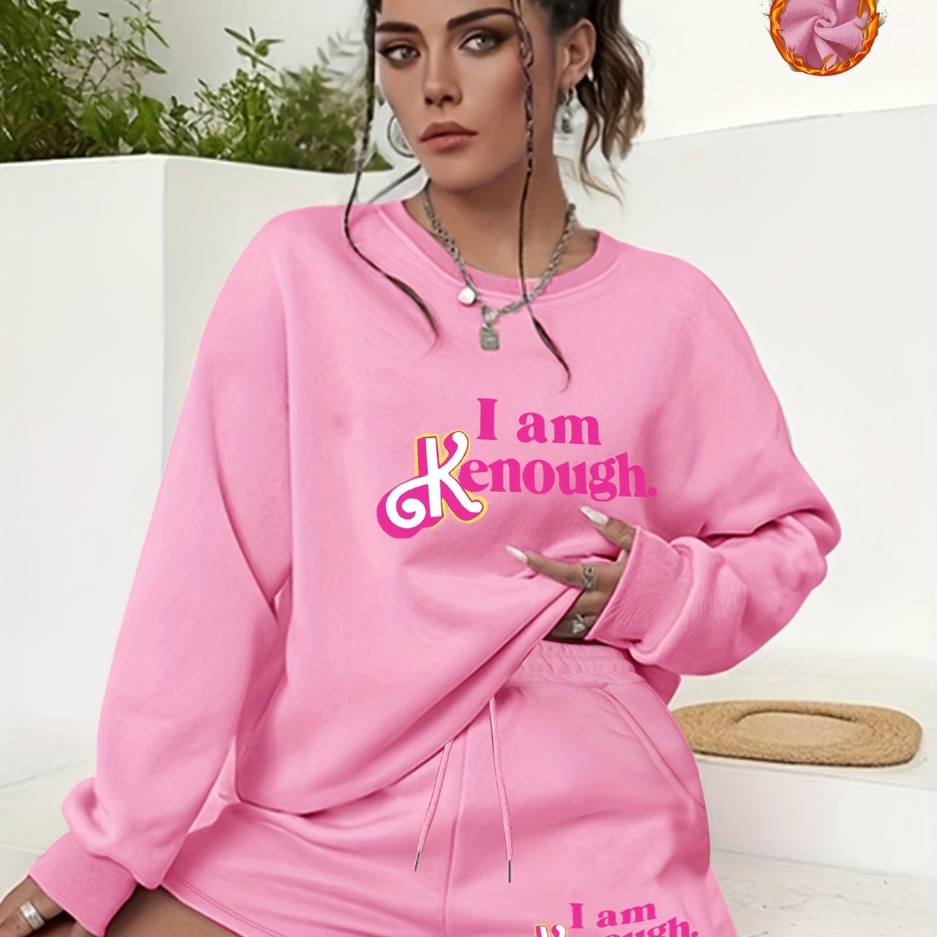 Conjunto De Roupas Esportivas Femininas, Plus Size, Estampa De Slogan,  Manga Comprida, Moletom Solto Dividido Com Bolsos E Leggings, Conjunto De 2  Peç