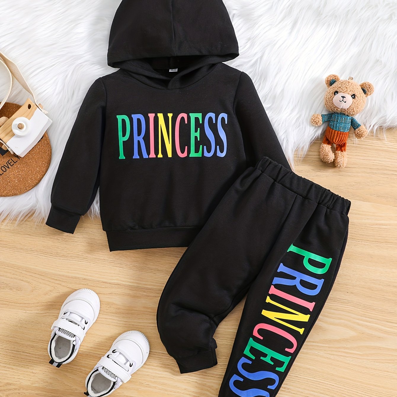 2-piece Toddler Girl Letter Leopard Print Faux-two Hoodie Sweatshirt and Black Pants Set