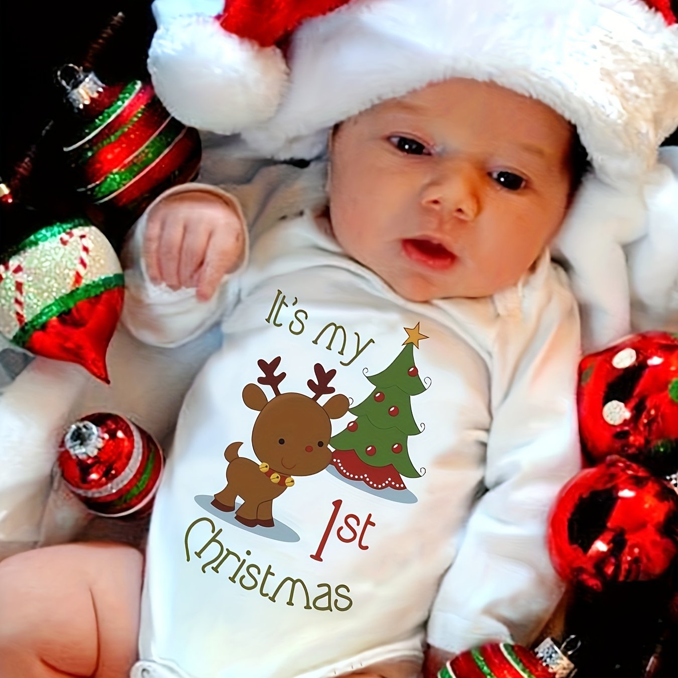 Baby Triangle Romper Christmas Element My 1st Christmas Elk Christmas Tree Print Newborn Cute Long-sleeved Climbing Suit Onesies, For Outdoor