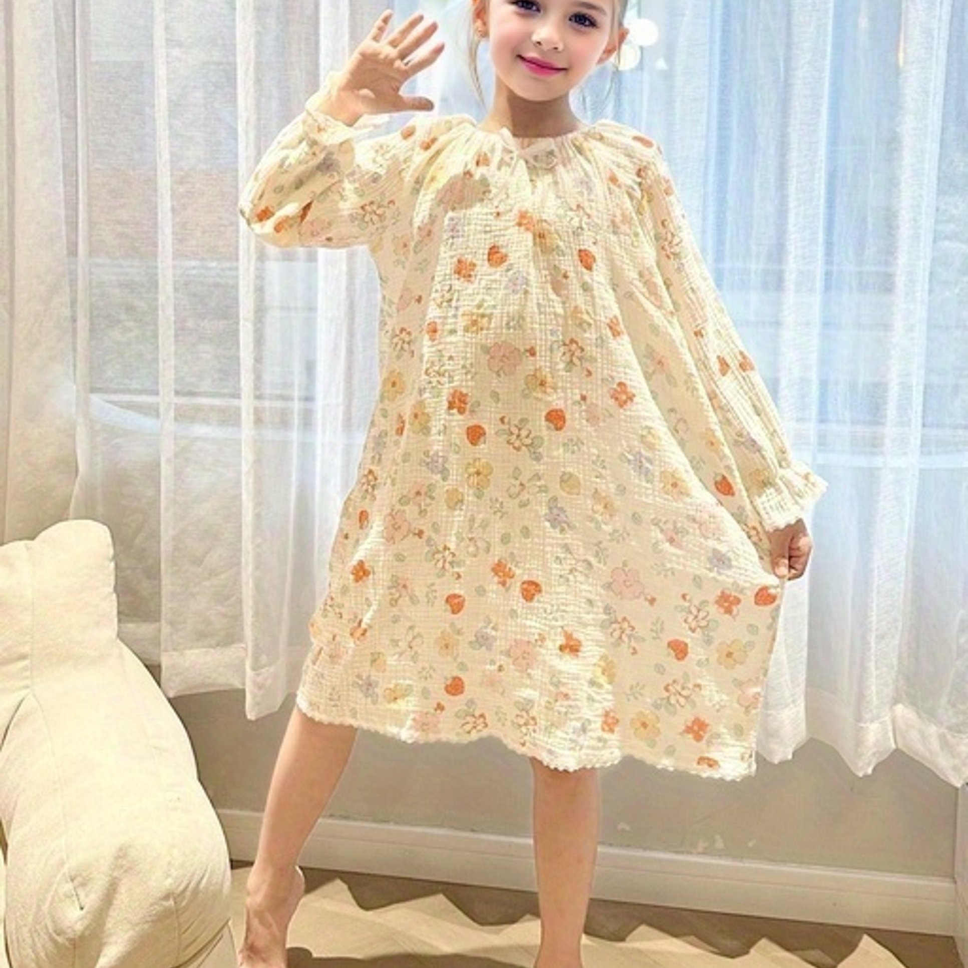 Kid Girl Schiffy Collar Design Cartoon Print Long-sleeve Nightgown (Flame retardant fabric)