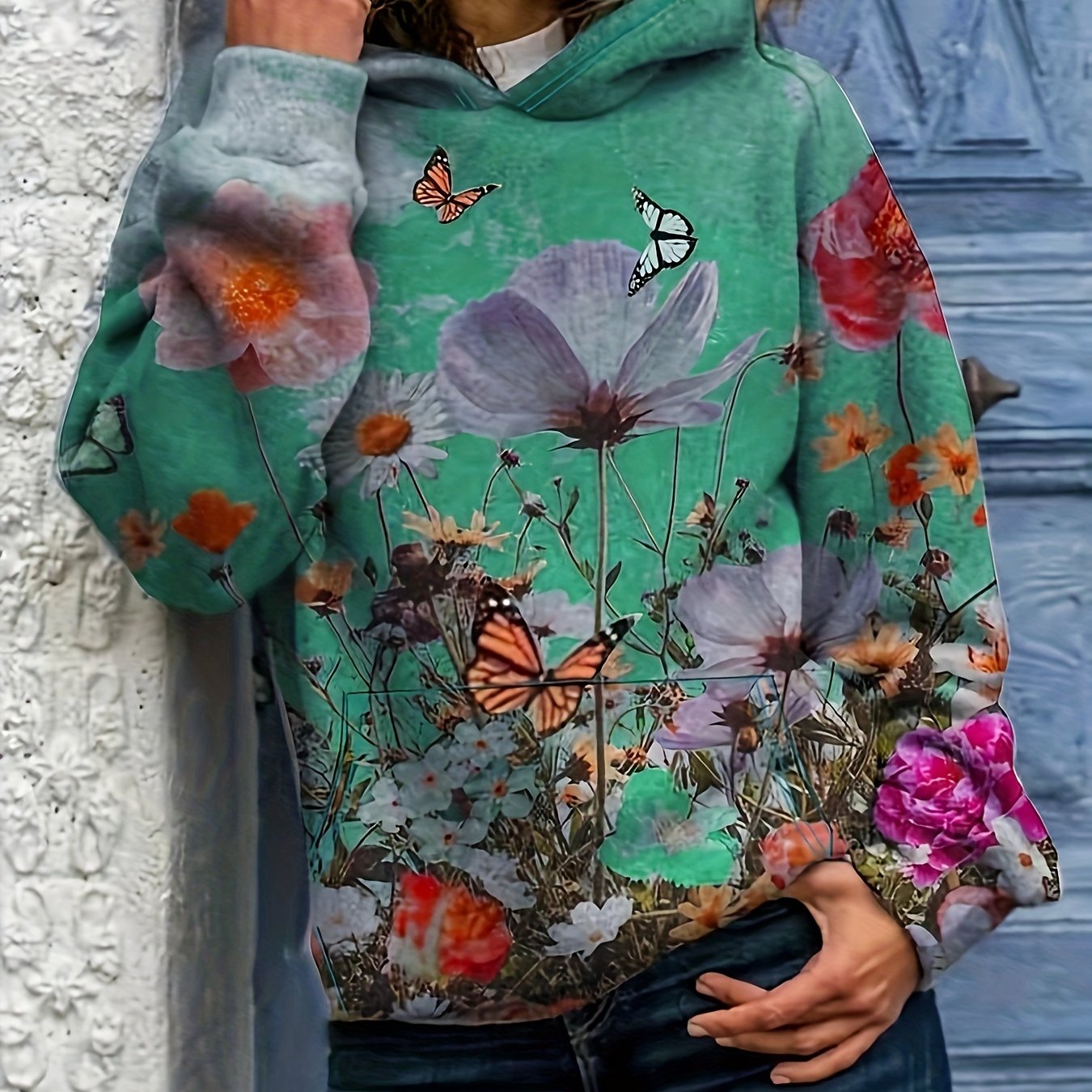 Floral Print Kangaroo Pocket Hoodie Casual Long Sleeve Temu