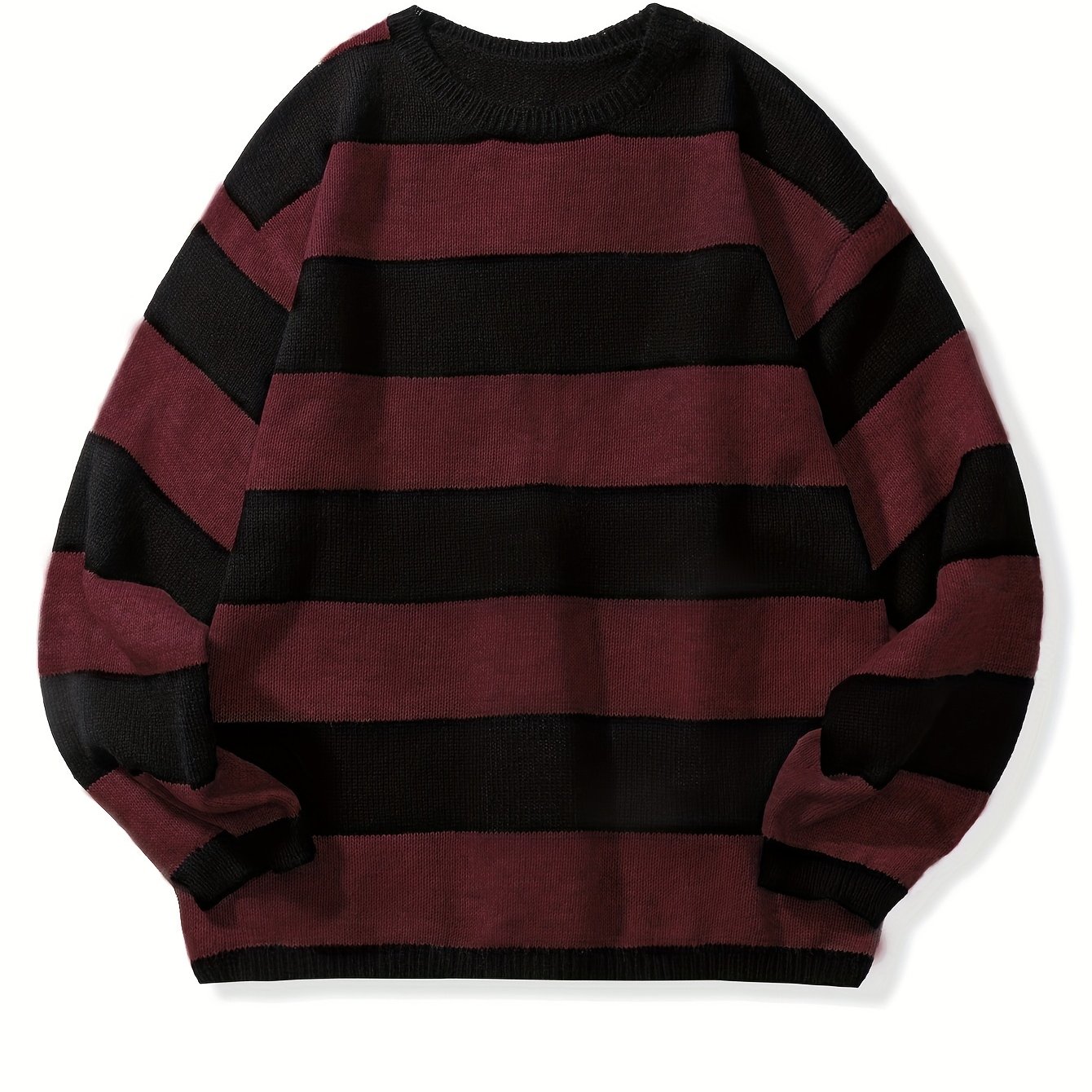 Preppy Retro Striped Pattern Knitted Sweater, Men's Casual Warm Slightly Stretch Crew Neck Pullover Sweater For Men Fall Winter, , Autumn Essentials