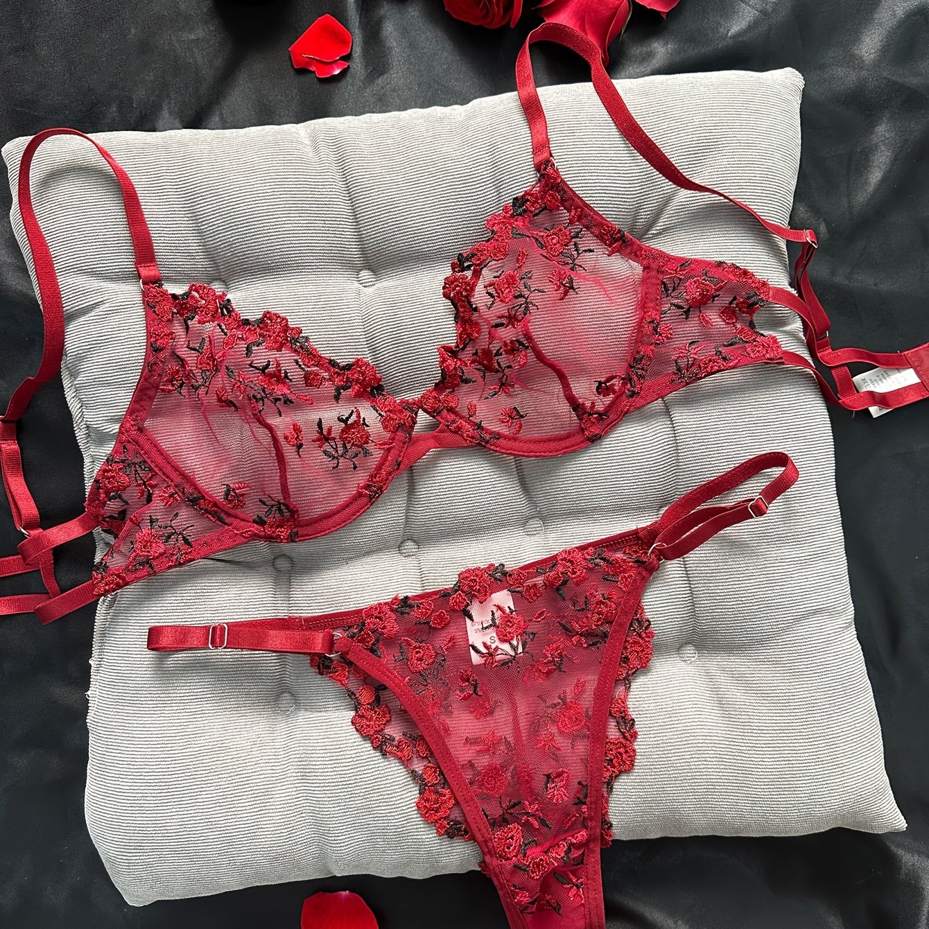 Floral Embroidery Lingerie Set Cut Unlined Bra Mesh Thong - Temu Oman