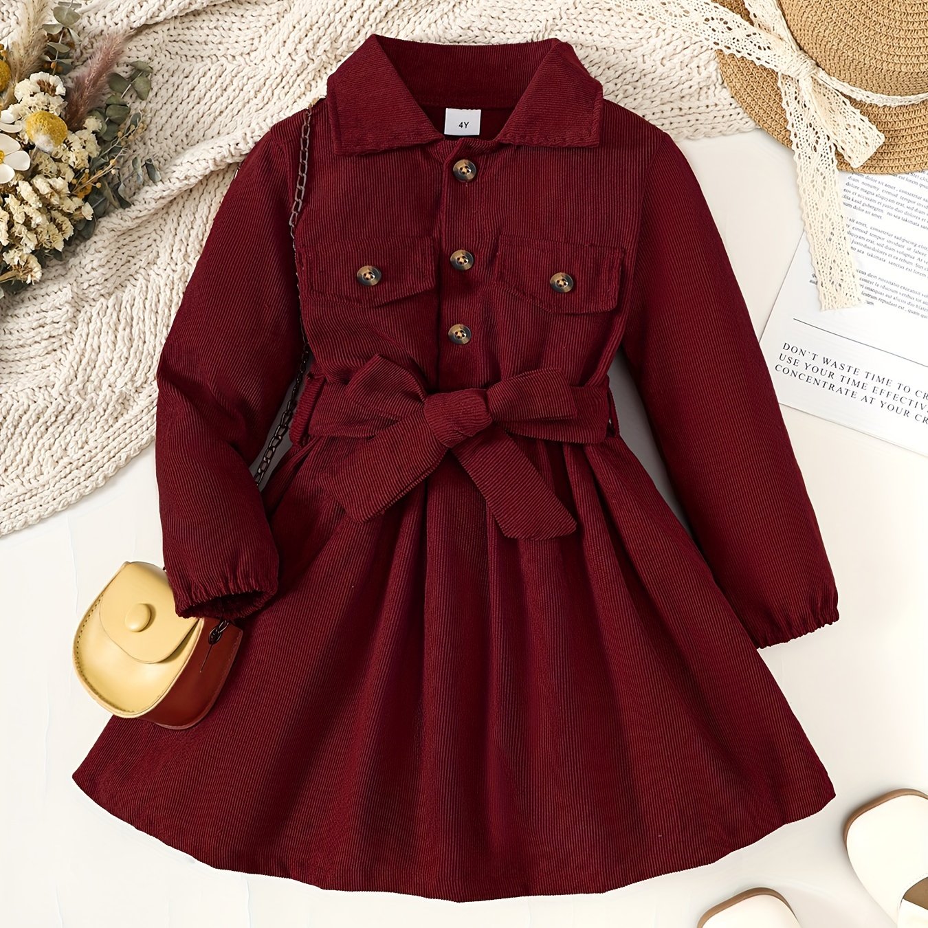 Spring/summer Girls' Solid Color Single-breasted Lapel Shirt Dress, Fashionable Formal Dress For Girls