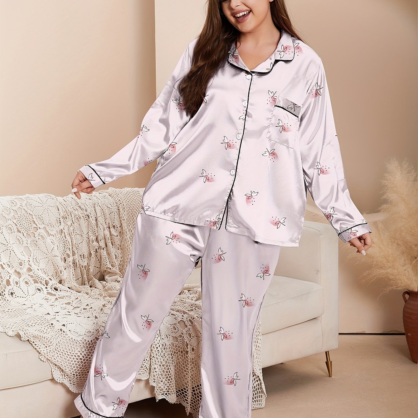 Plus Size Cute Pajama Set Women's Plus Silk Satin Heart - Temu Canada