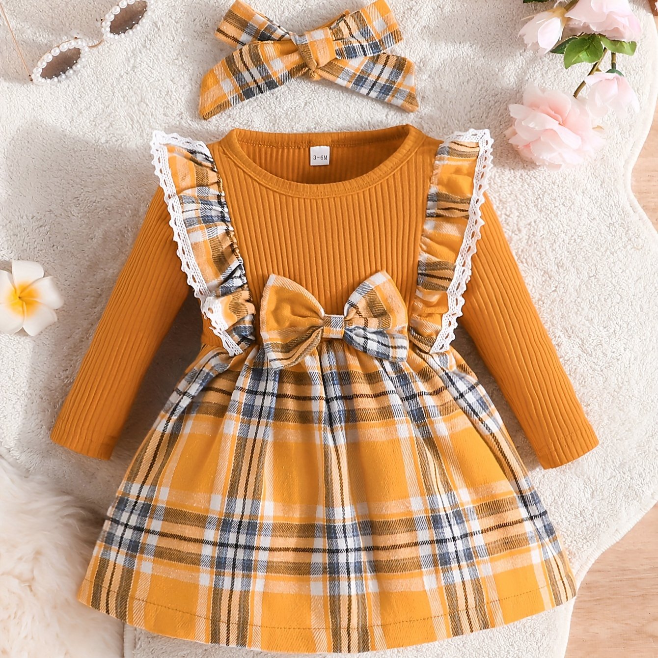 wybzd Christmas Dress for Baby Girl Mesh Long Puff Sleeve Plaid