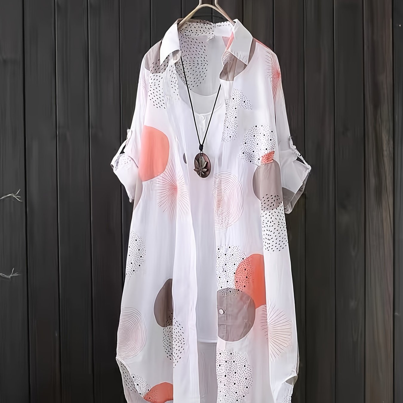 Allover Print Button Front Blouse, Casual Long Sleeve Thigh Length Blouse  For Spring & Fall, Women's Clothing