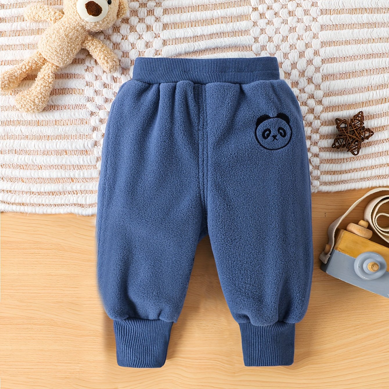 Unisex Baby's Reversible Fleece Cute Bunny Embroidered Pants
