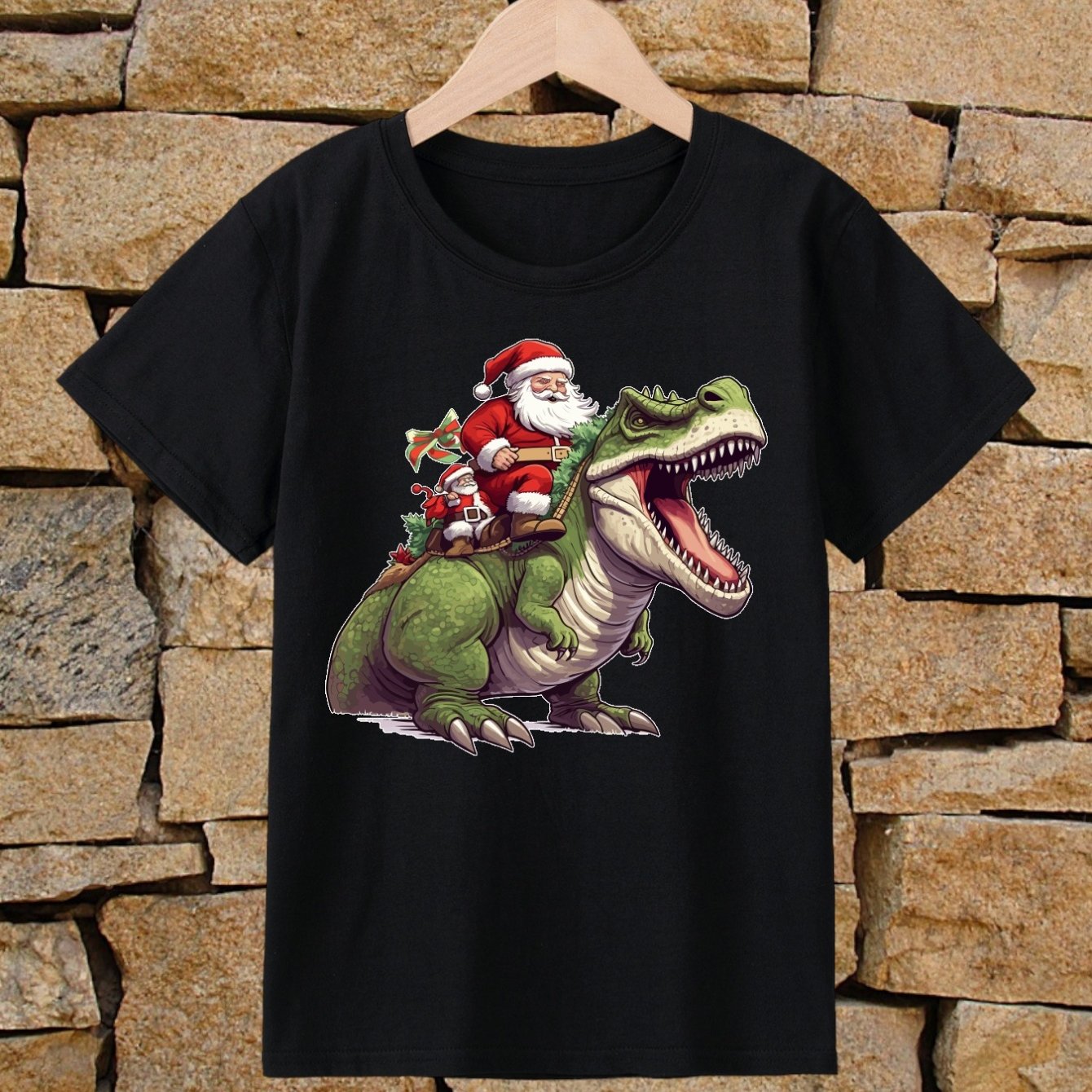 Christmas Santa Riding Dinosaur Print Boys Meaningful T-Shirt, Cool,  Versatile & Smart Short Sleeve Tee For Toddler Kids, Gift Idea