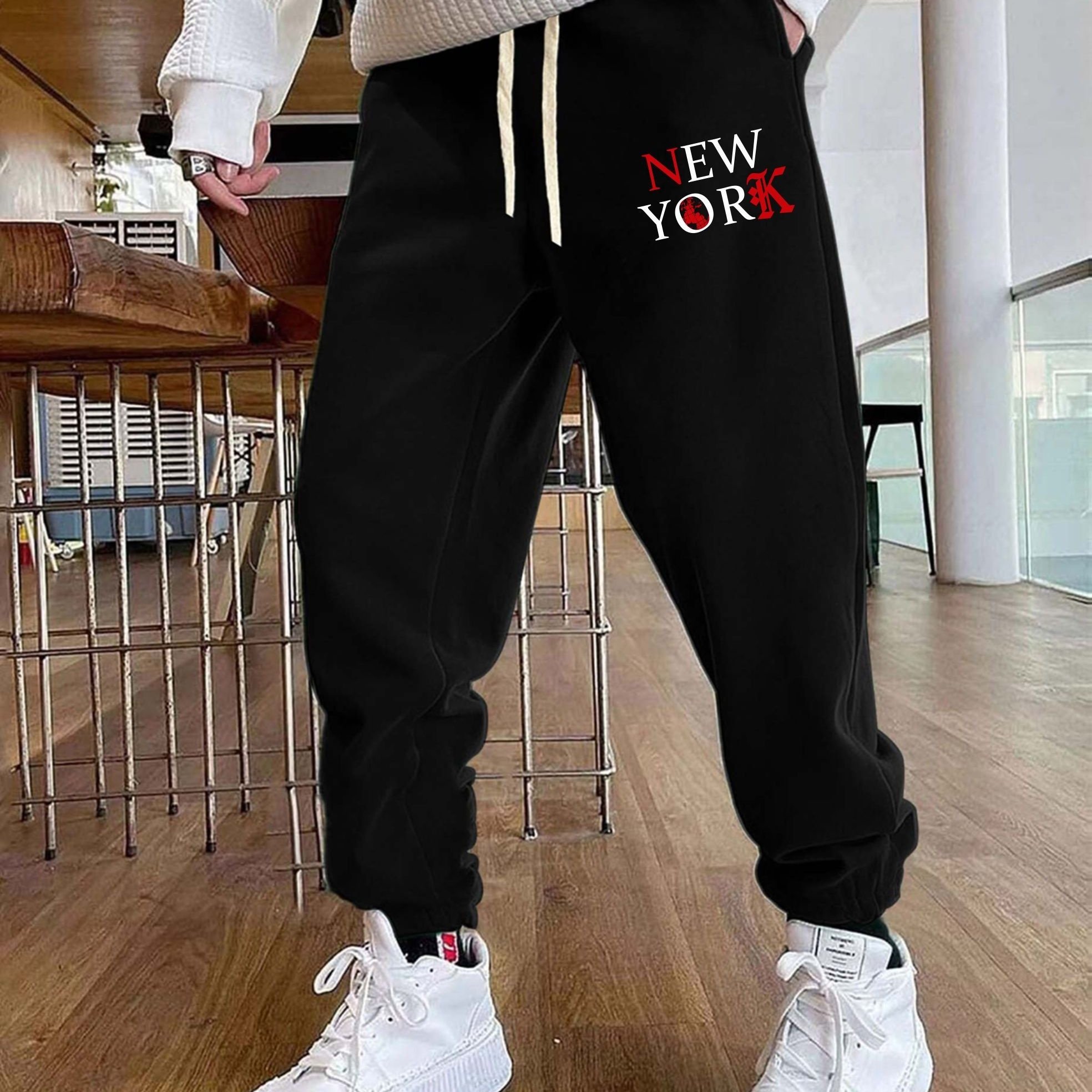 NEW YORK Pattern, Men's Drawstring Sweatpants, Pocket Casual Comfy Jogger  Pants, Mens Clothing For Autumn Winter