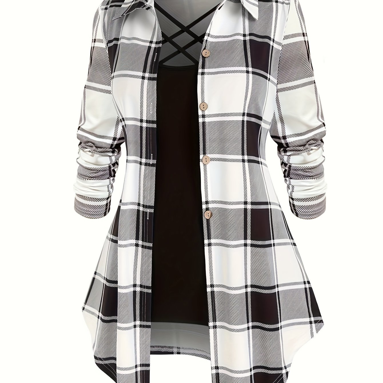 Image of Women's High-waist Fashion Retro Button Print Long Sleeve Blouse And Body Strap 2pcs Set