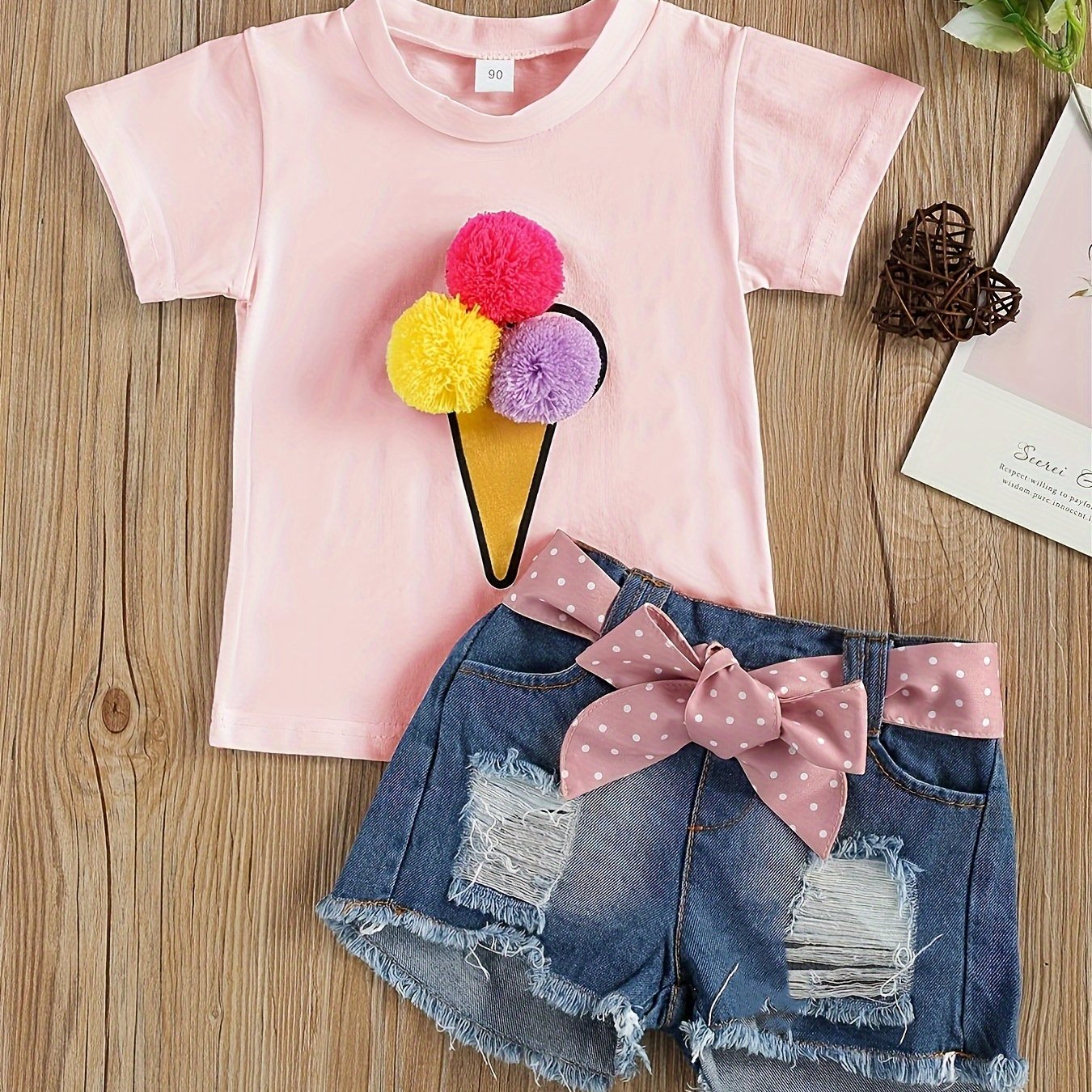 Image of Girls' Ice Cream Print Short Sleeve Shorts Denim Set, Perfect For Outdoor
