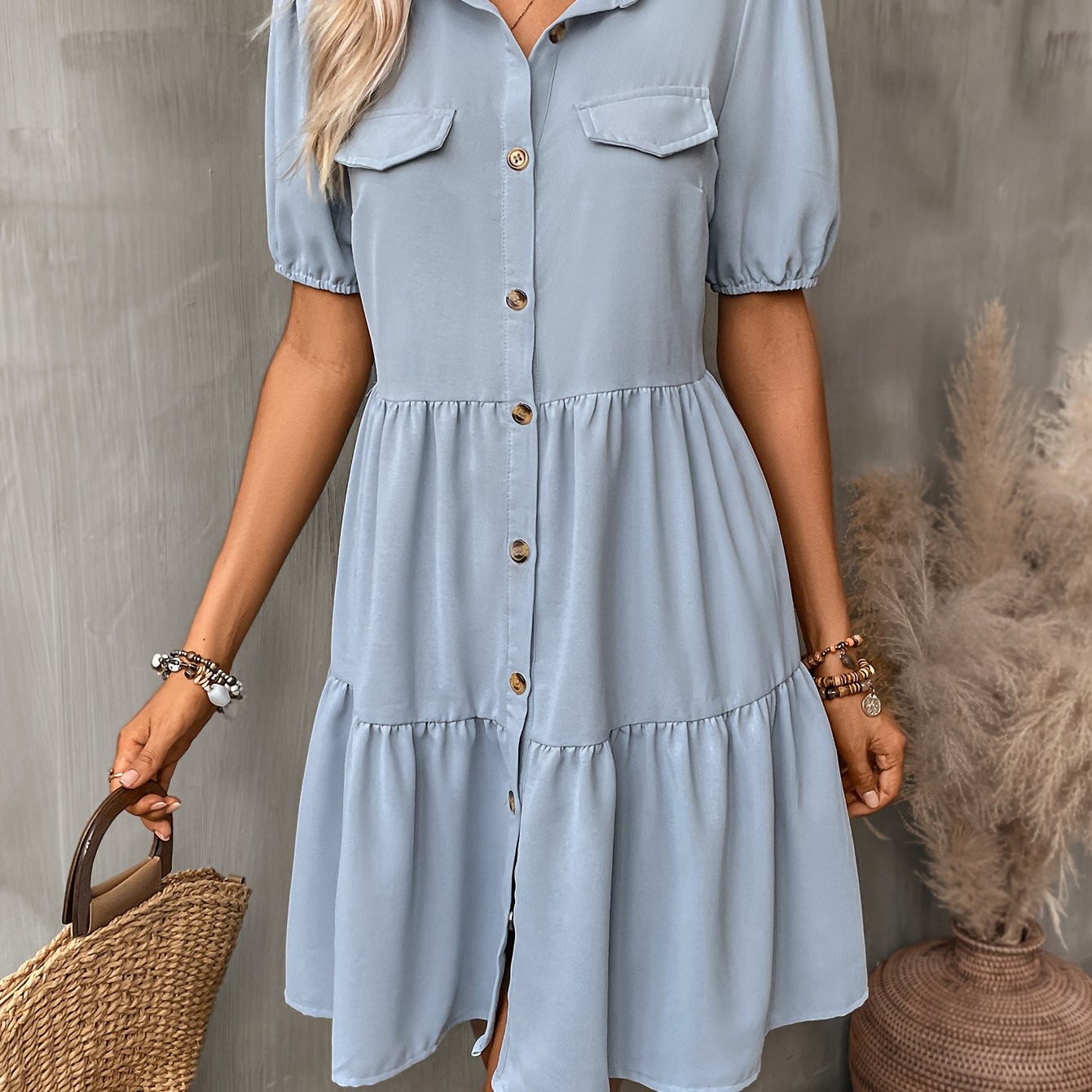solid button front dress casual half sleeve dress for spring summer womens clothing