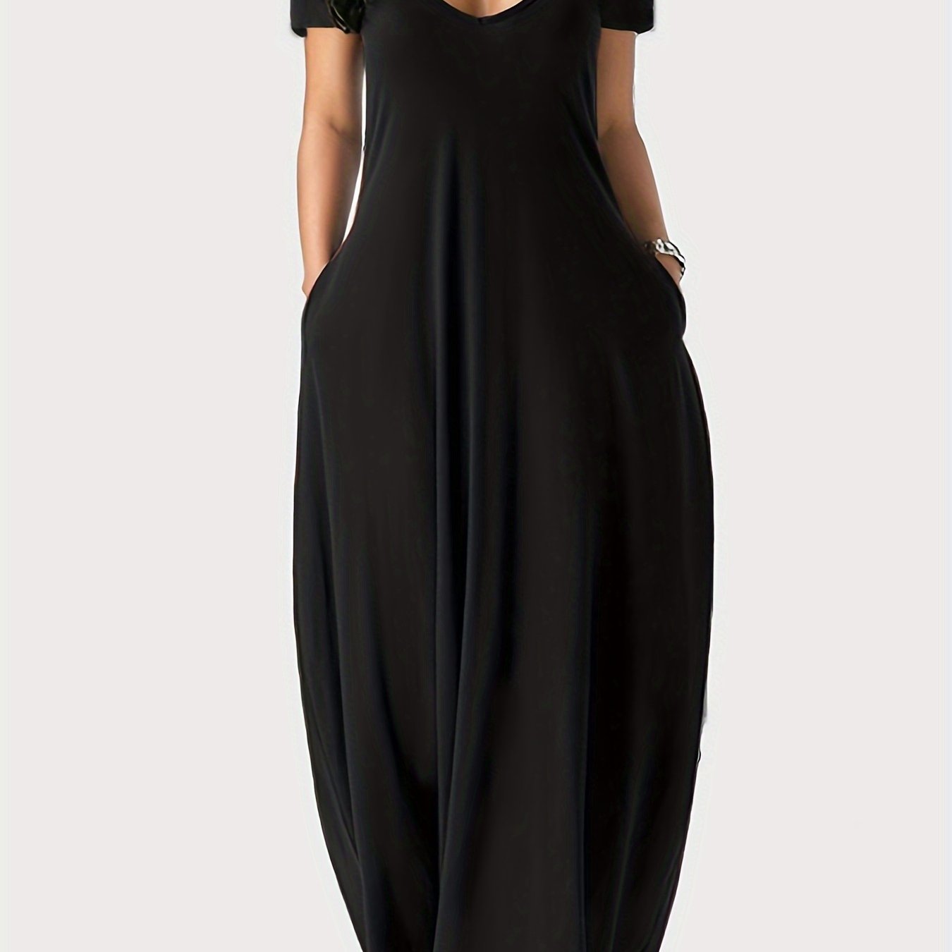 2026 New Women's Summer European And Cross-border Trade Solid Color Sexy Deep V-neck Short Sleeve Long Dress With Pockets