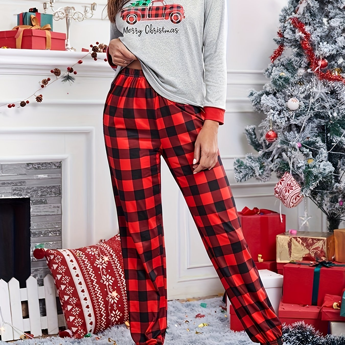 Plaid Print Christmas Pajama Set Long Sleeve Crew Neck Top - Temu
