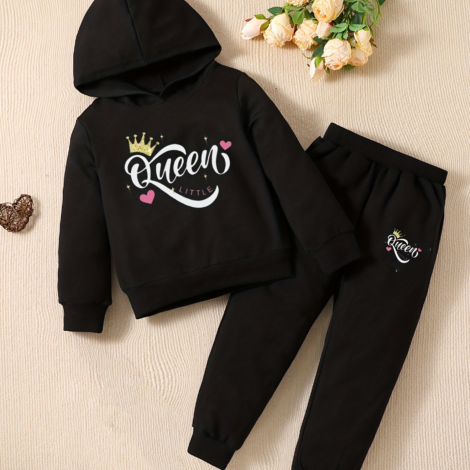 TEMU Girls' Fashionable Cartoon Crown Letter Print Long-sleeve Pullover 2pcs Set With Hooded Sweatshirt And Casual Sporty Long Pants For