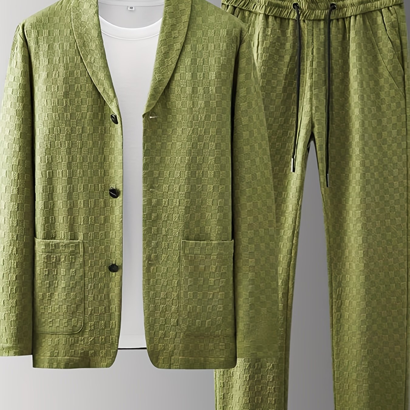 Casual Suit Men&#39;s Waffle Green Long Sleeve Cardigan Trendy Solid Color Trousers Two Piece Set